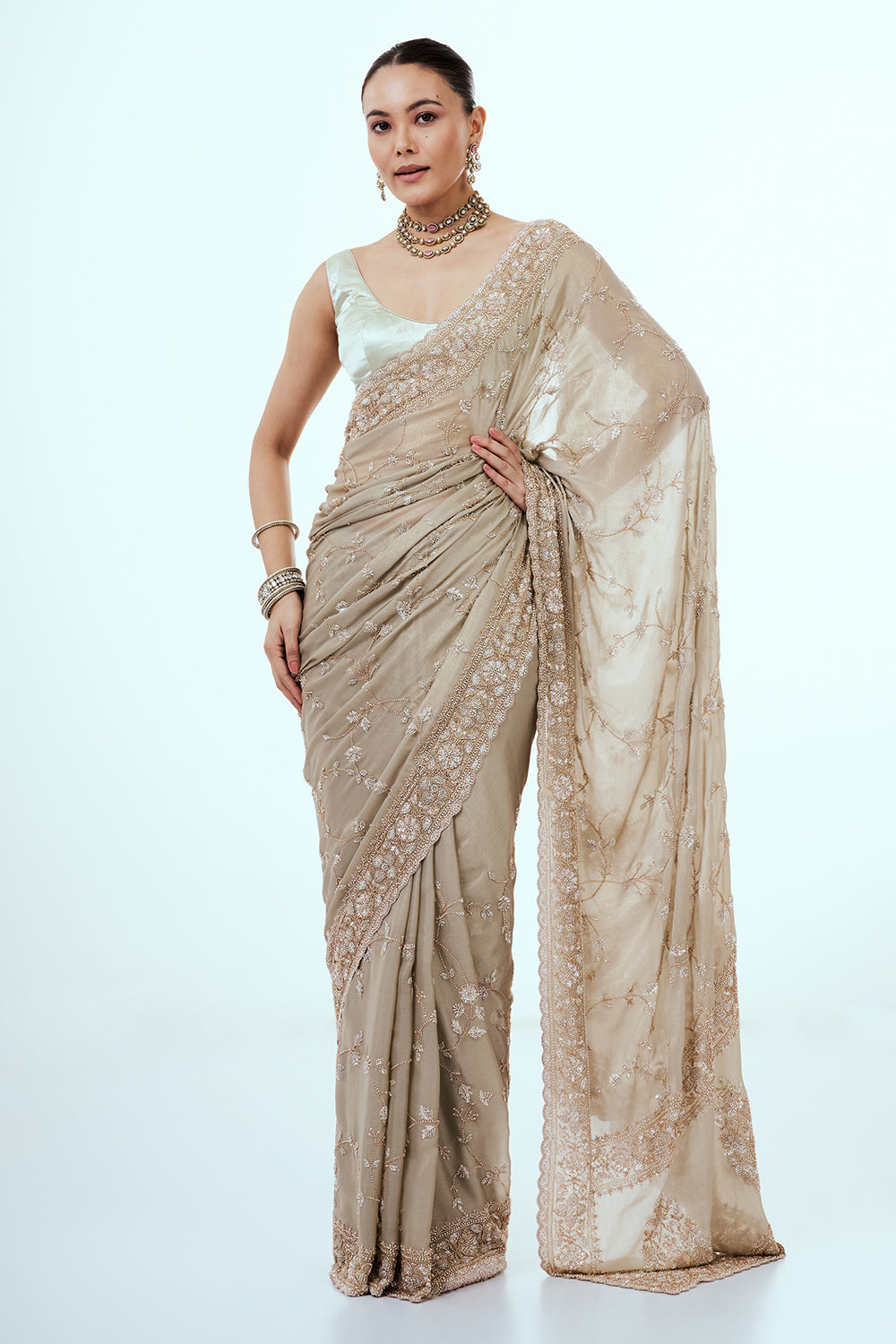 Beige Art Silk Saree with Jaal Work