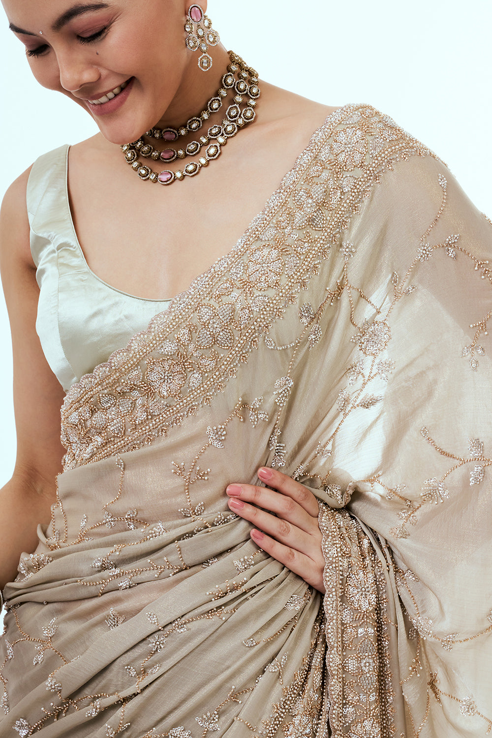 Beige Art Silk Saree with Jaal Work