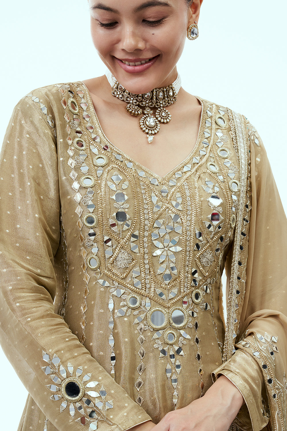 Beige Chanderi Tissue Anarkali Set with Mirror Work