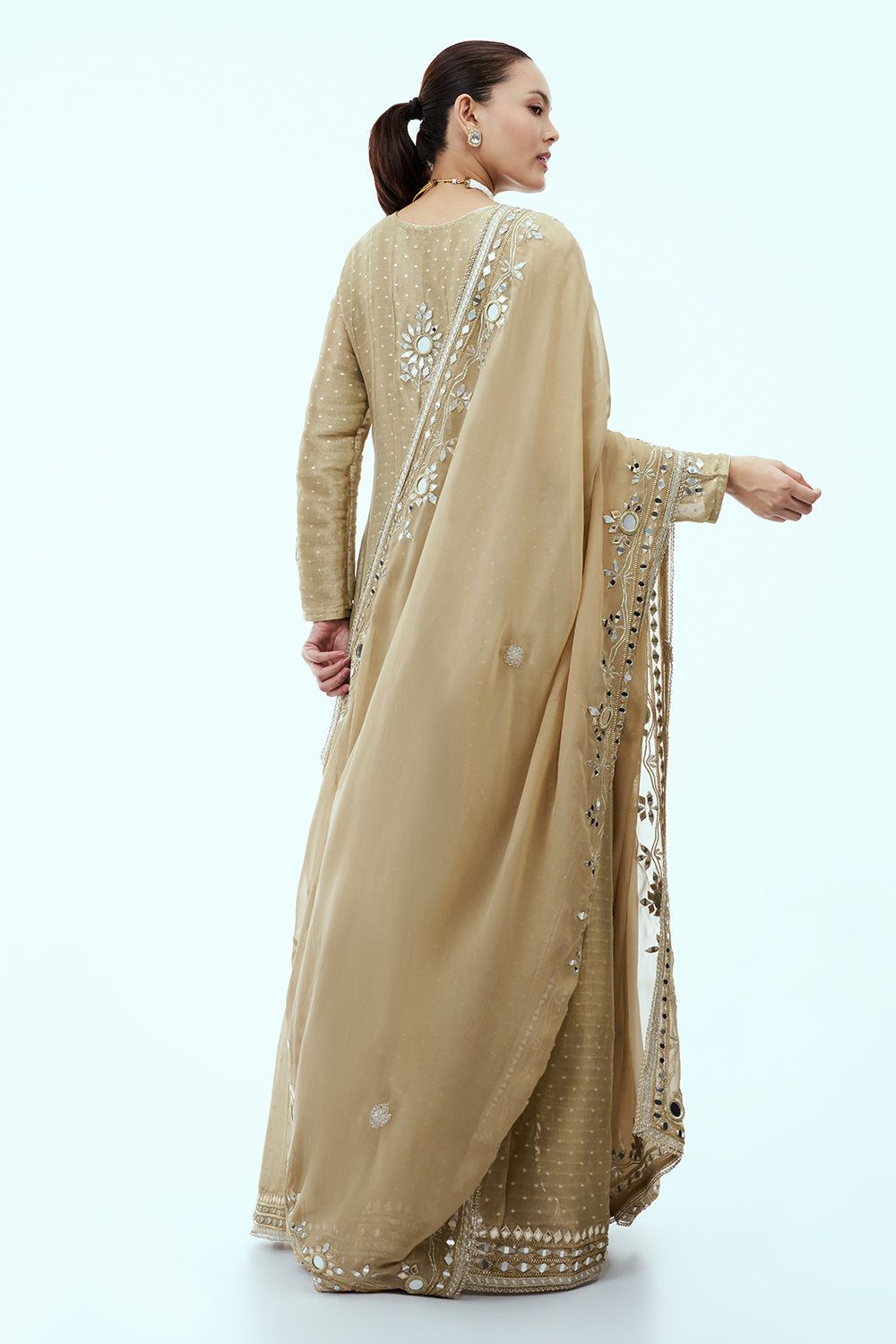 Beige Chanderi Tissue Anarkali Set with Mirror Work