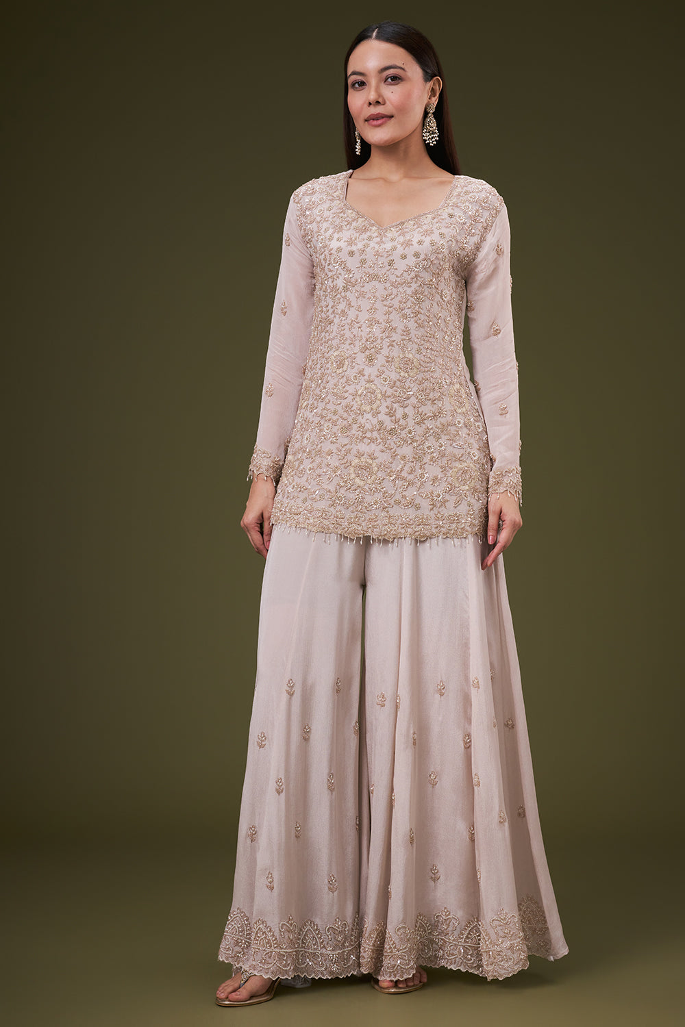 Beige Chinon Palazzo Suit with Pearl and Zardosi Work