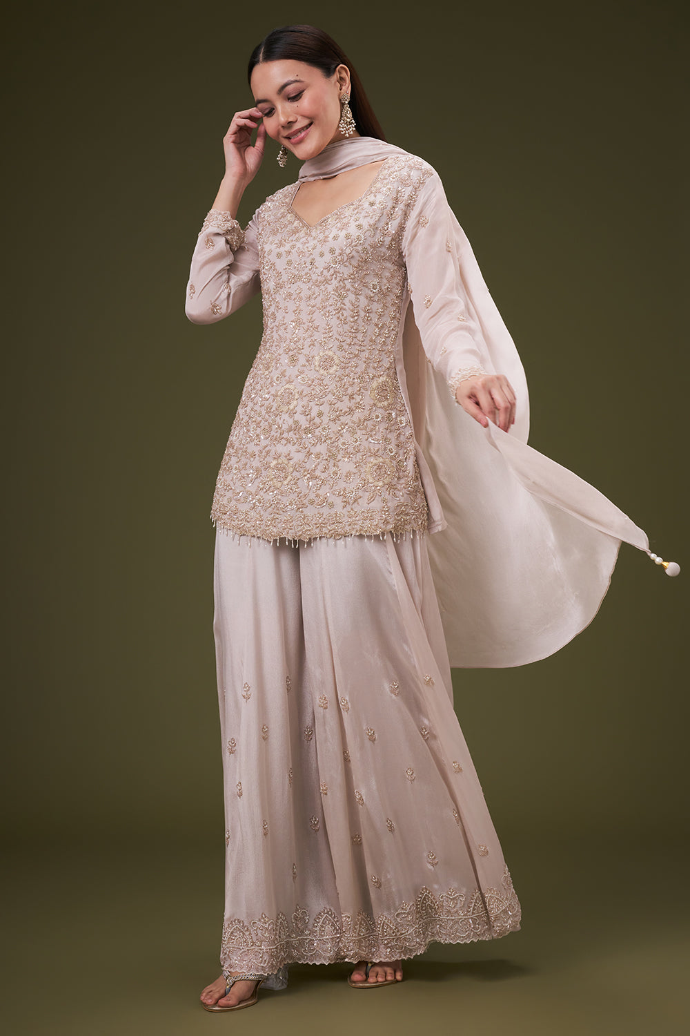 Beige Chinon Palazzo Suit with Pearl and Zardosi Work