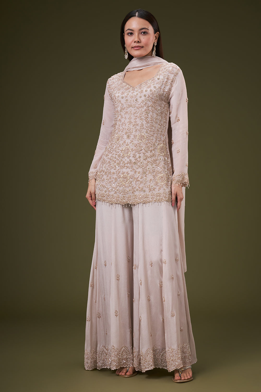 Beige Chinon Palazzo Suit with Pearl and Zardosi Work