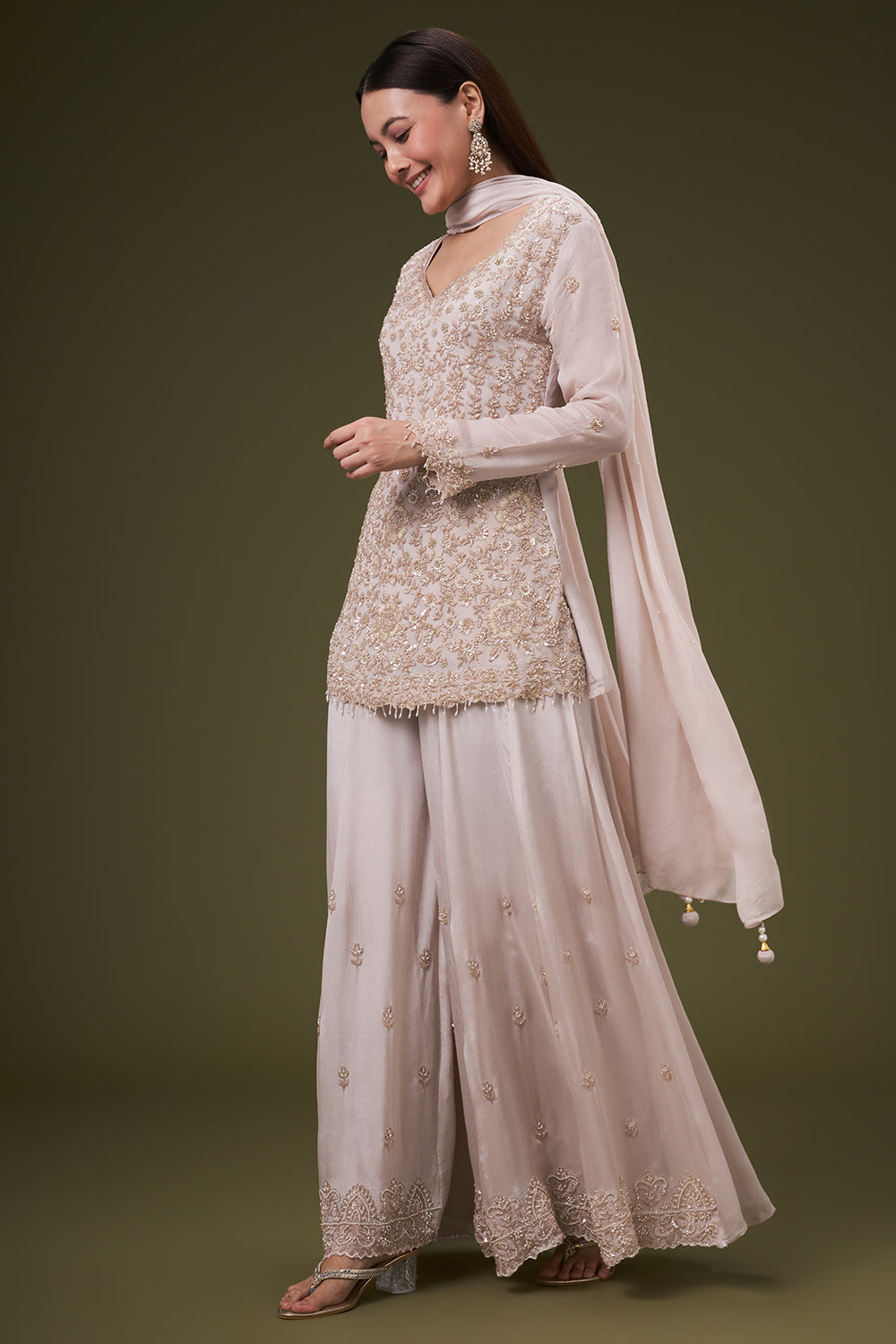 Beige Chinon Palazzo Suit with Pearl and Zardosi Work