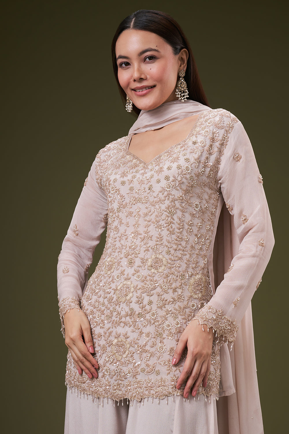 Beige Chinon Palazzo Suit with Pearl and Zardosi Work