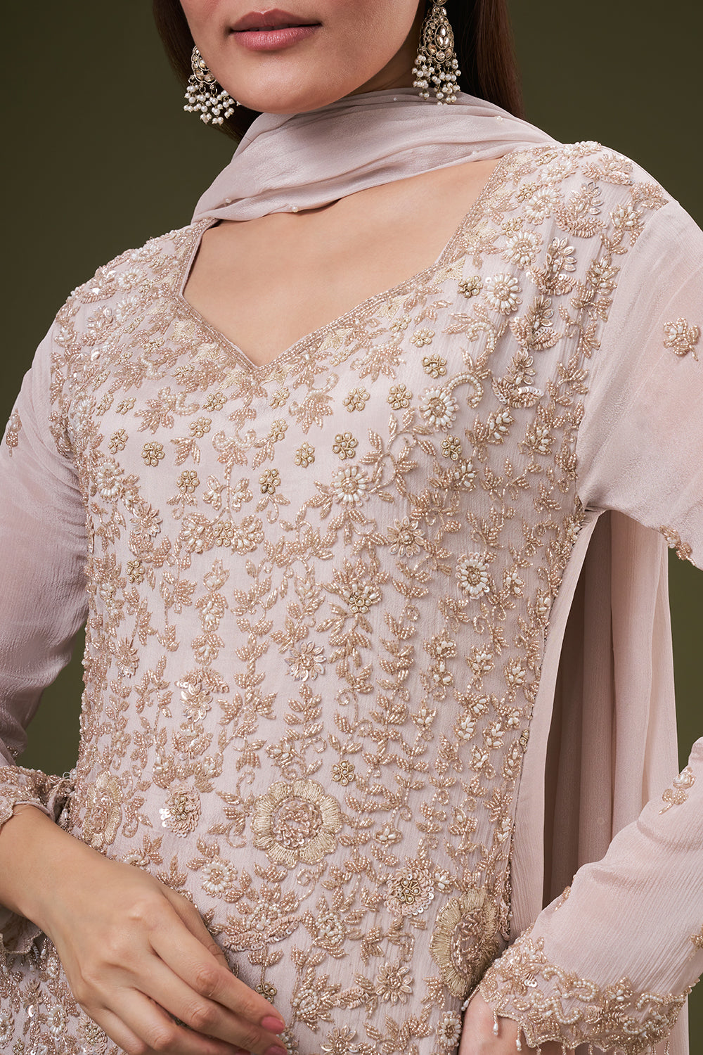 Beige Chinon Palazzo Suit with Pearl and Zardosi Work