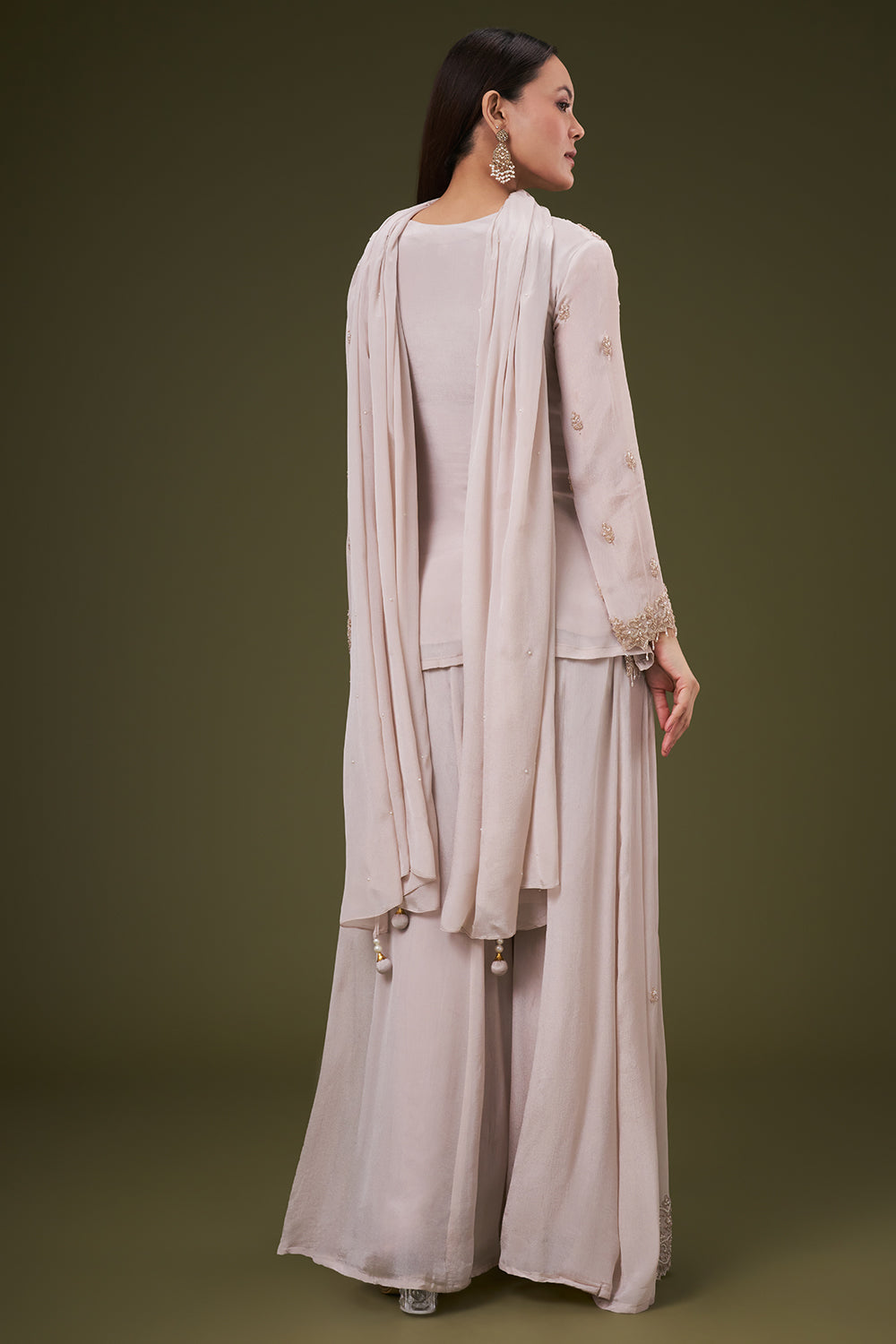 Beige Chinon Palazzo Suit with Pearl and Zardosi Work