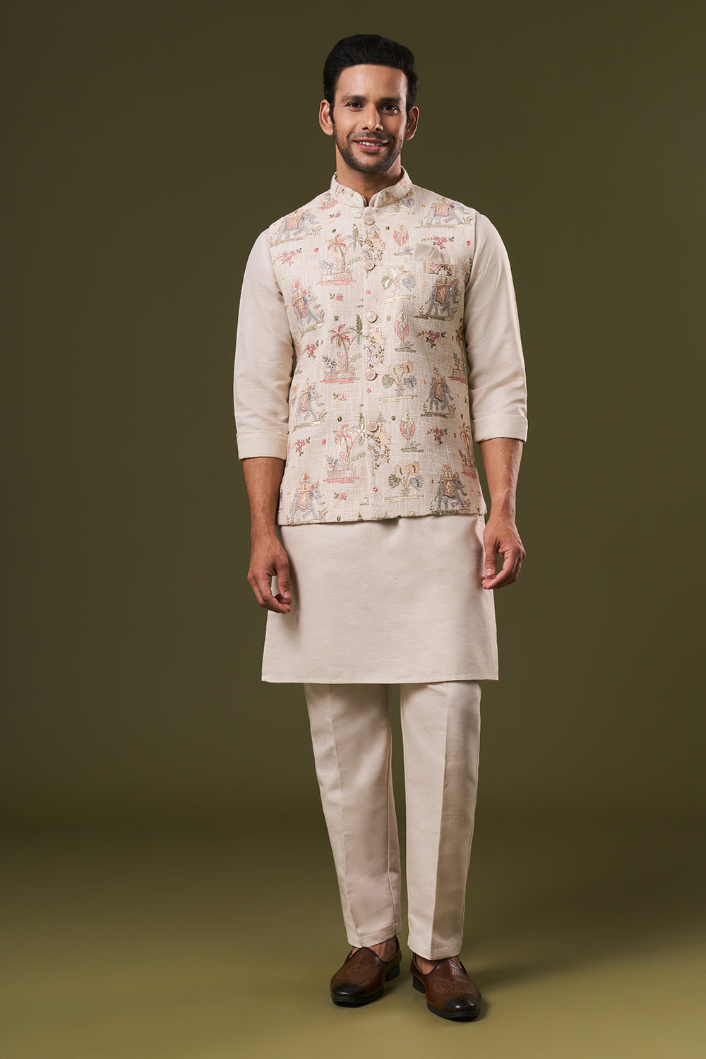 Beige Cotton Silk Mens Kurta Jacket Set with Thread and Sequins Work