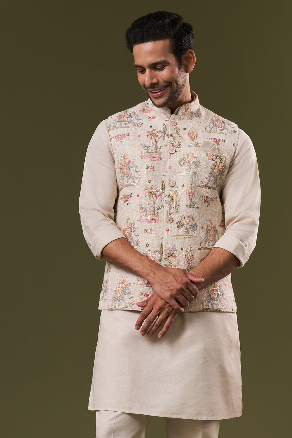 Beige Cotton Silk Mens Kurta Jacket Set with Thread and Sequins Work