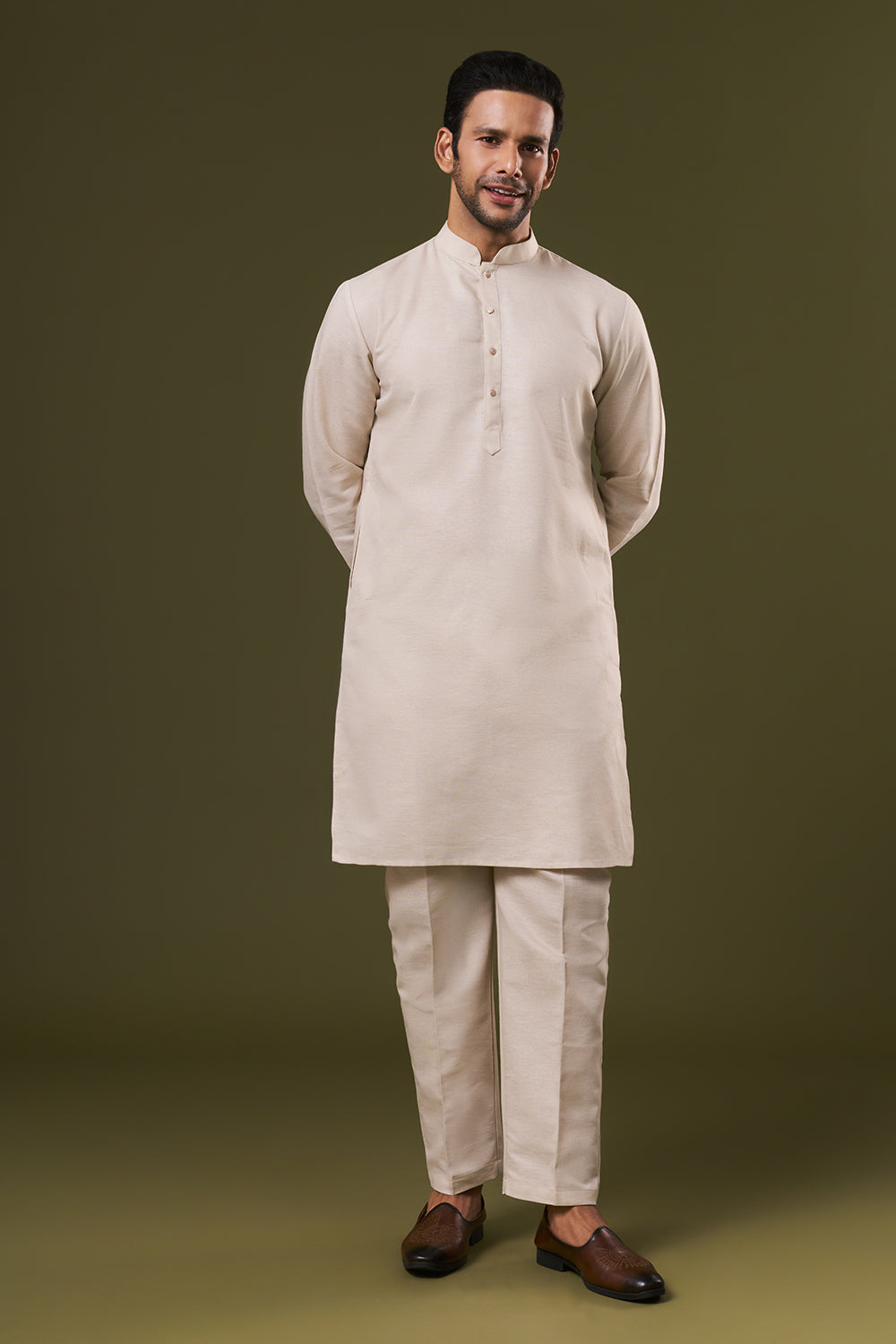 Beige Cotton Silk Mens Kurta Jacket Set with Thread and Sequins Work