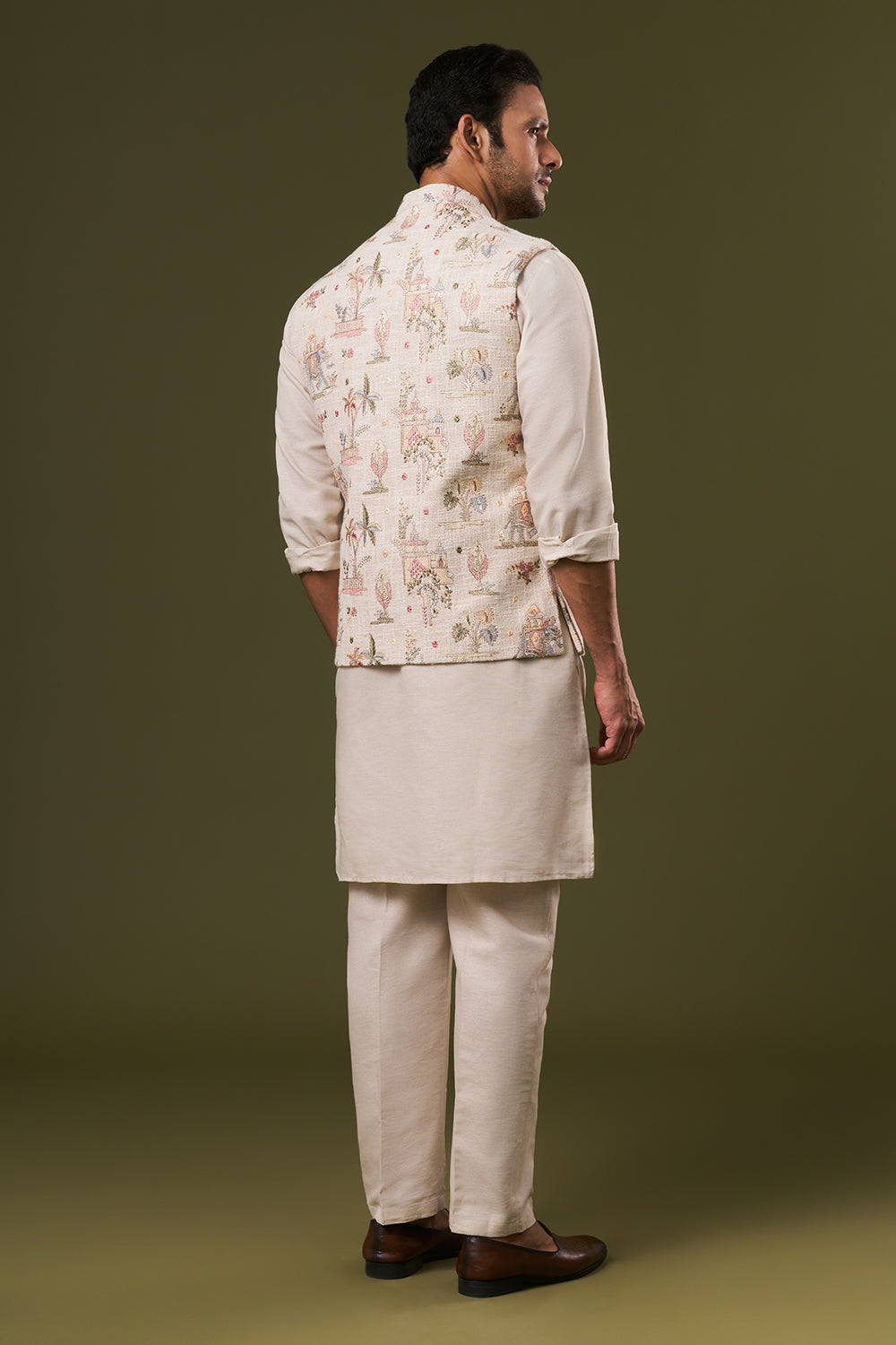 Beige Cotton Silk Mens Kurta Jacket Set with Thread and Sequins Work