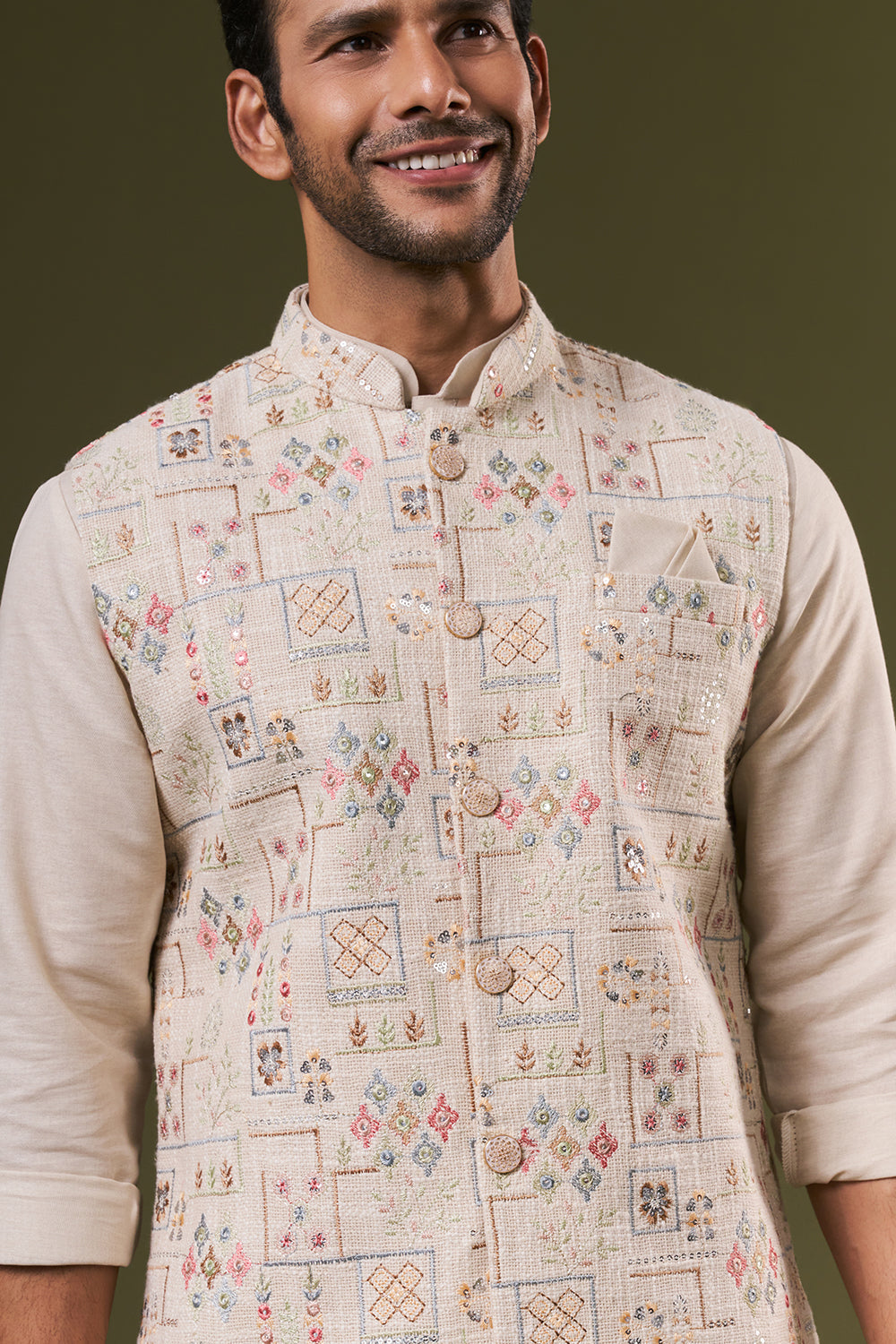 Beige Cotton Mens Kurta Jacket Set with Thread and Sequins Work