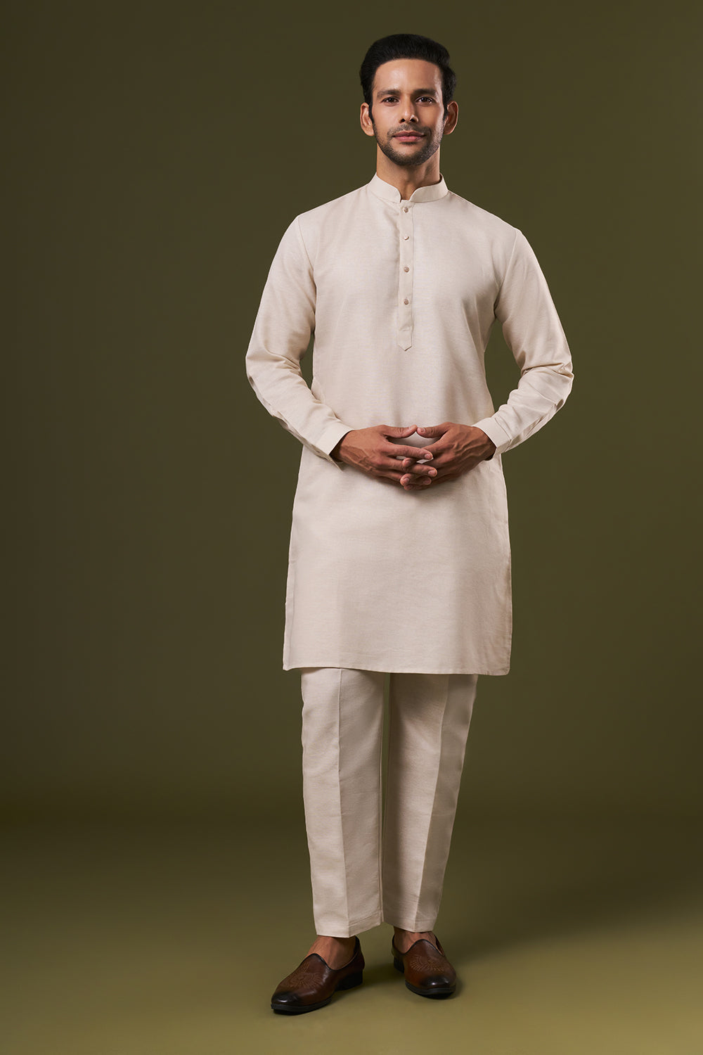 Beige Cotton Mens Kurta Jacket Set with Thread and Sequins Work