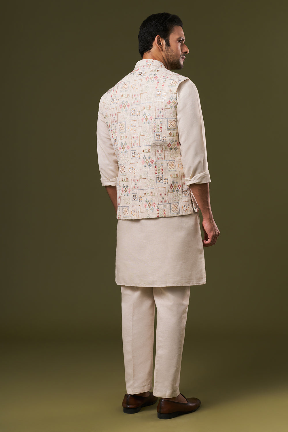 Beige Cotton Mens Kurta Jacket Set with Thread and Sequins Work