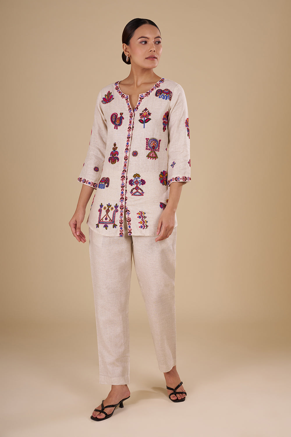 Beige Cotton Linen Kurta Set with Multicolor Thread Embroidery
