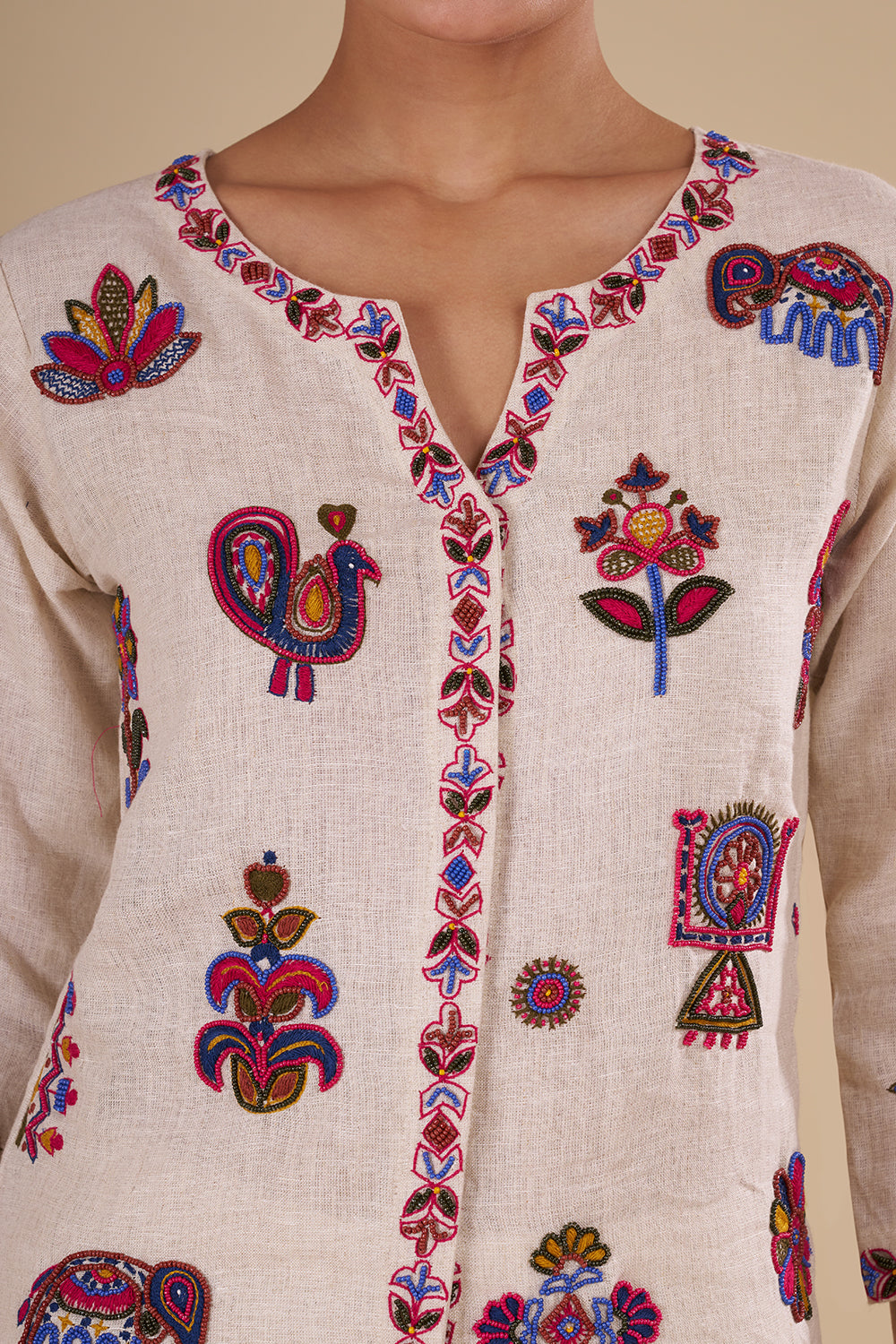 Beige Cotton Linen Kurta Set with Multicolor Thread Embroidery