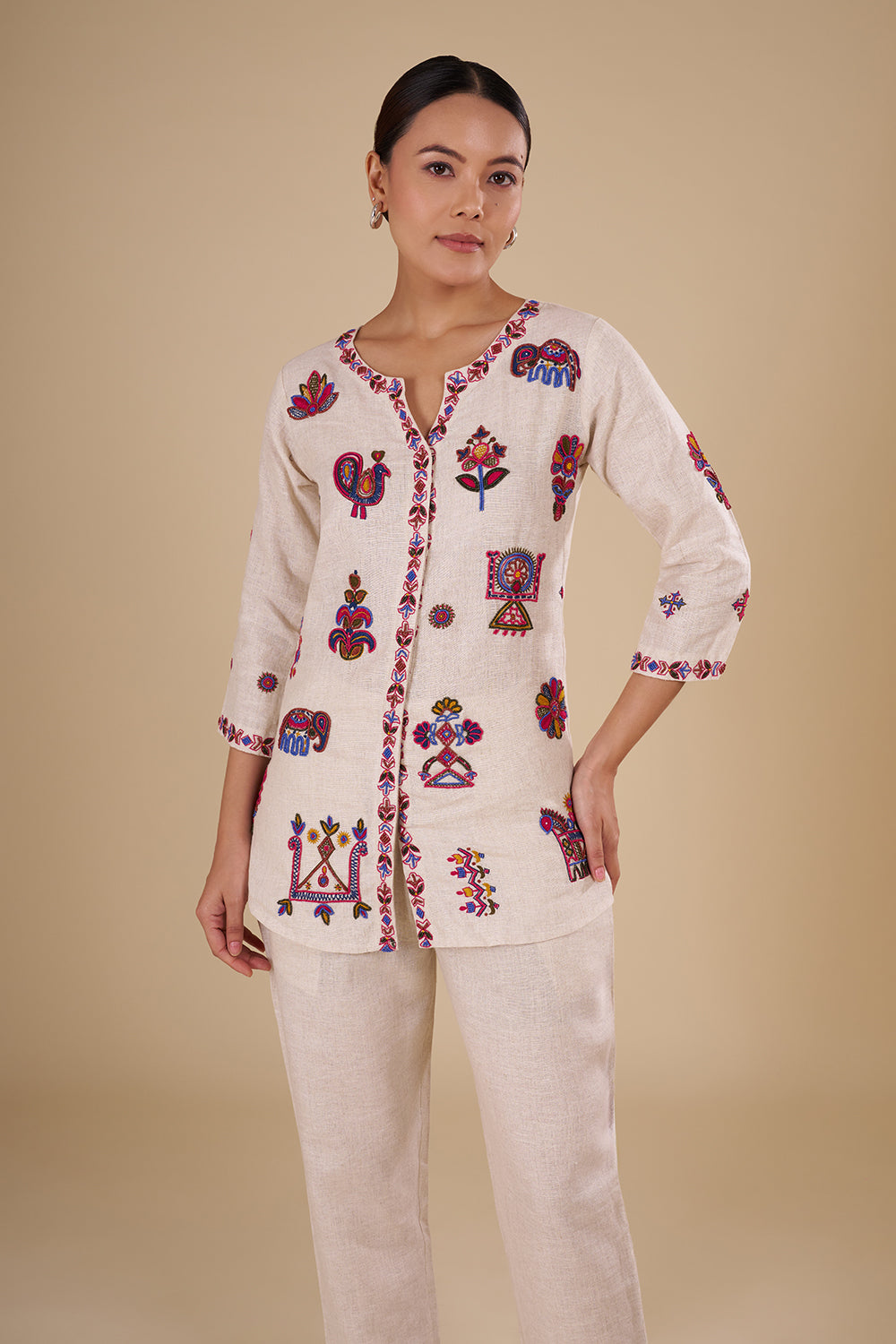 Beige Cotton Linen Kurta Set with Multicolor Thread Embroidery