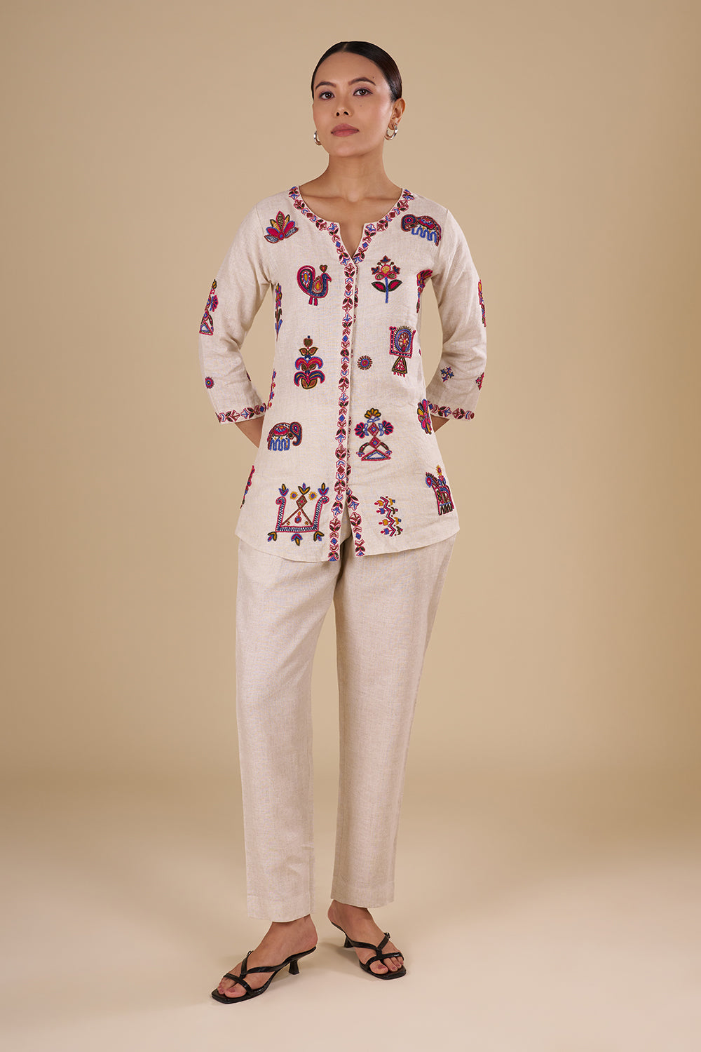 Beige Cotton Linen Kurta Set with Multicolor Thread Embroidery