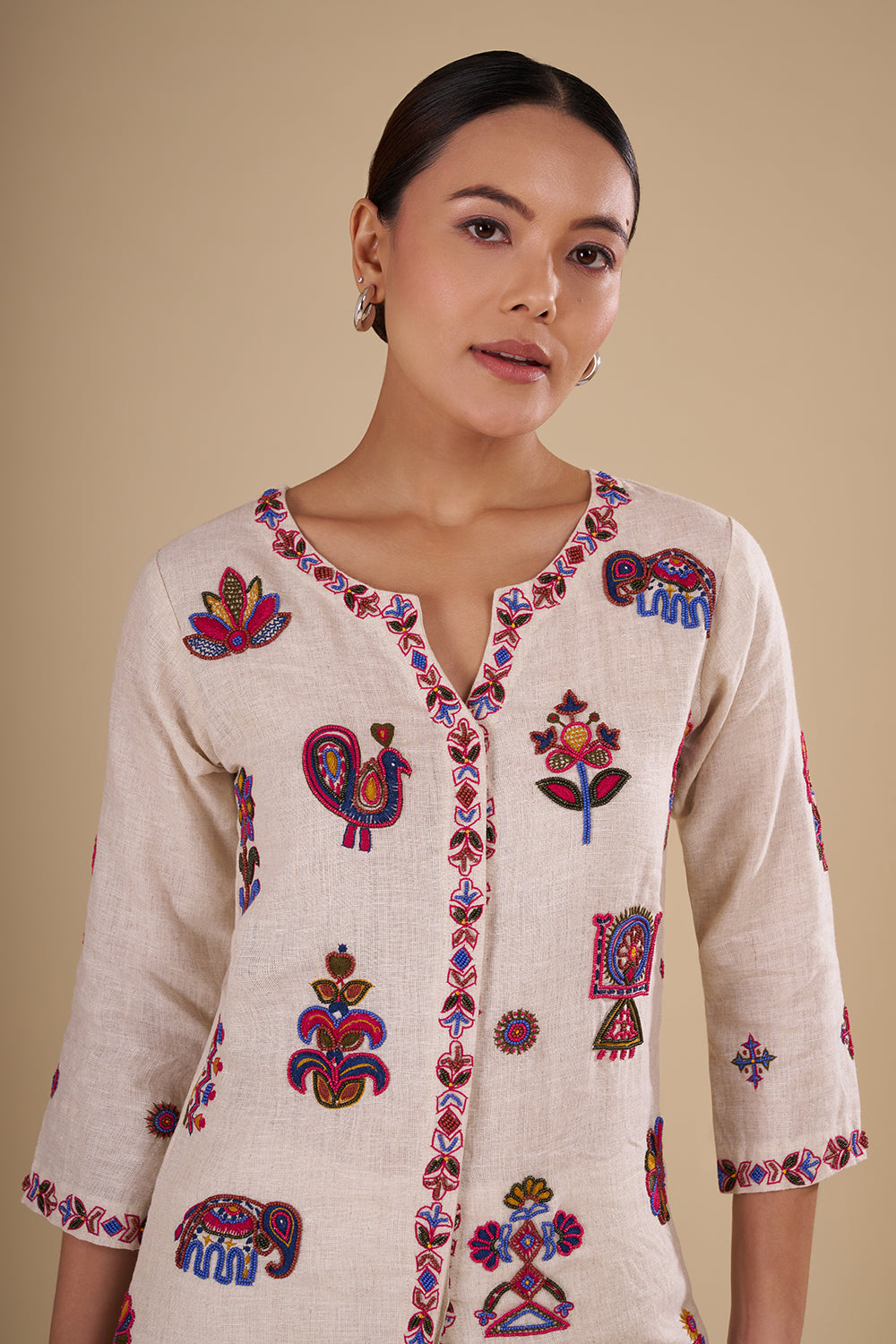 Beige Cotton Linen Kurta Set with Multicolor Thread Embroidery