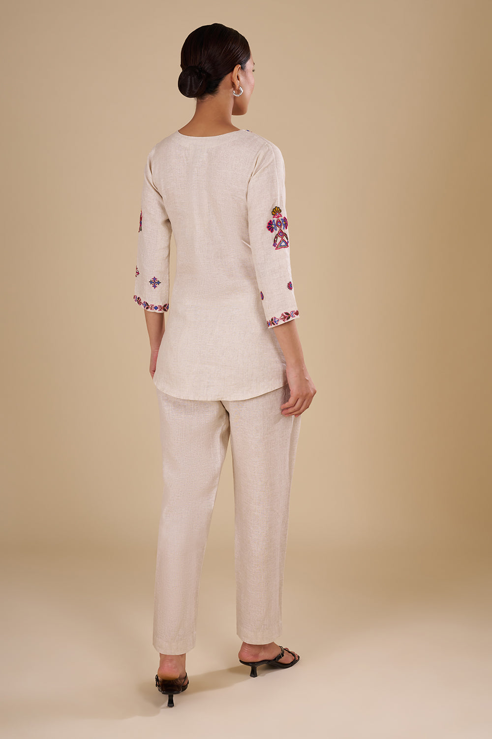 Beige Cotton Linen Kurta Set with Multicolor Thread Embroidery