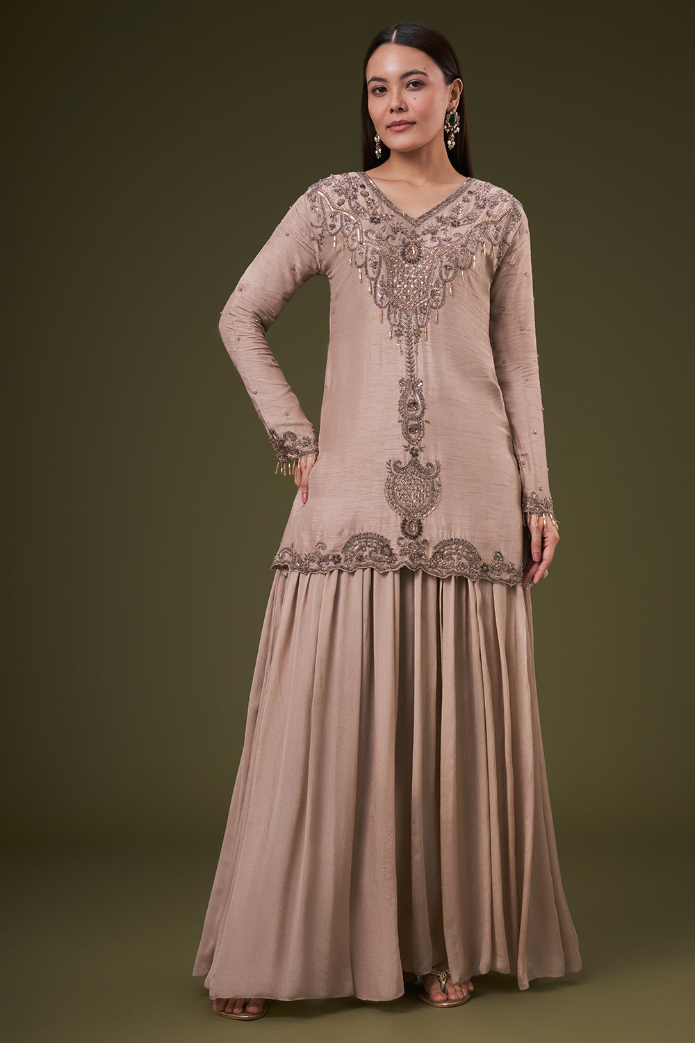 Beige Cotton Silk Palazzo Suit Sequin and Cutdana Work