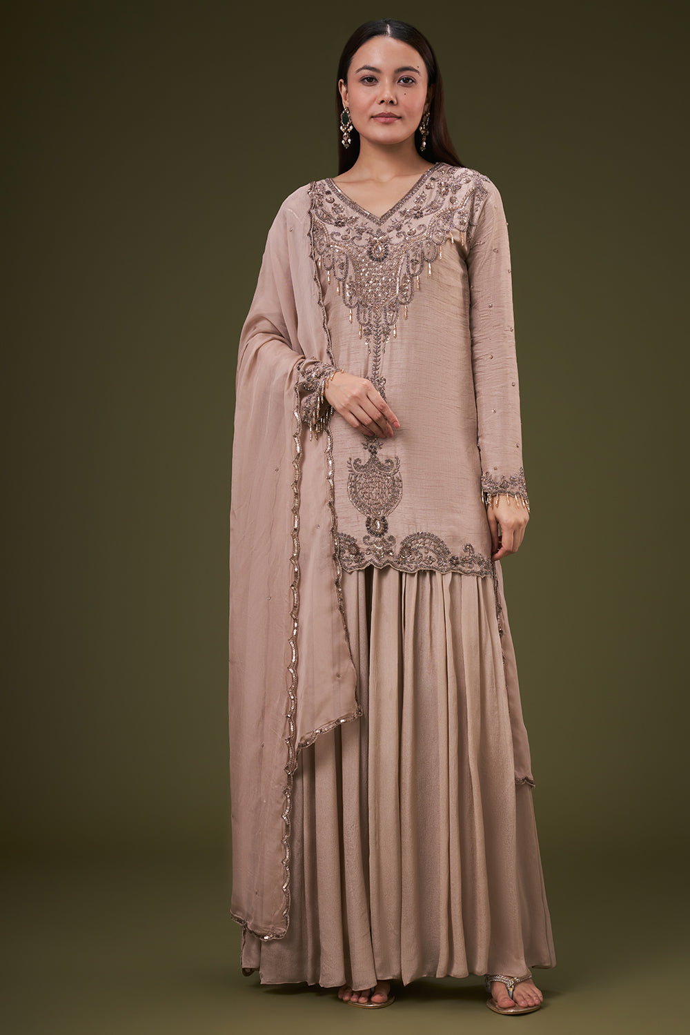 Beige Cotton Silk Palazzo Suit Sequin and Cutdana Work