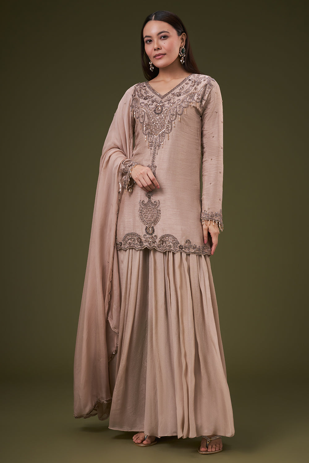 Beige Cotton Silk Palazzo Suit Sequin and Cutdana Work
