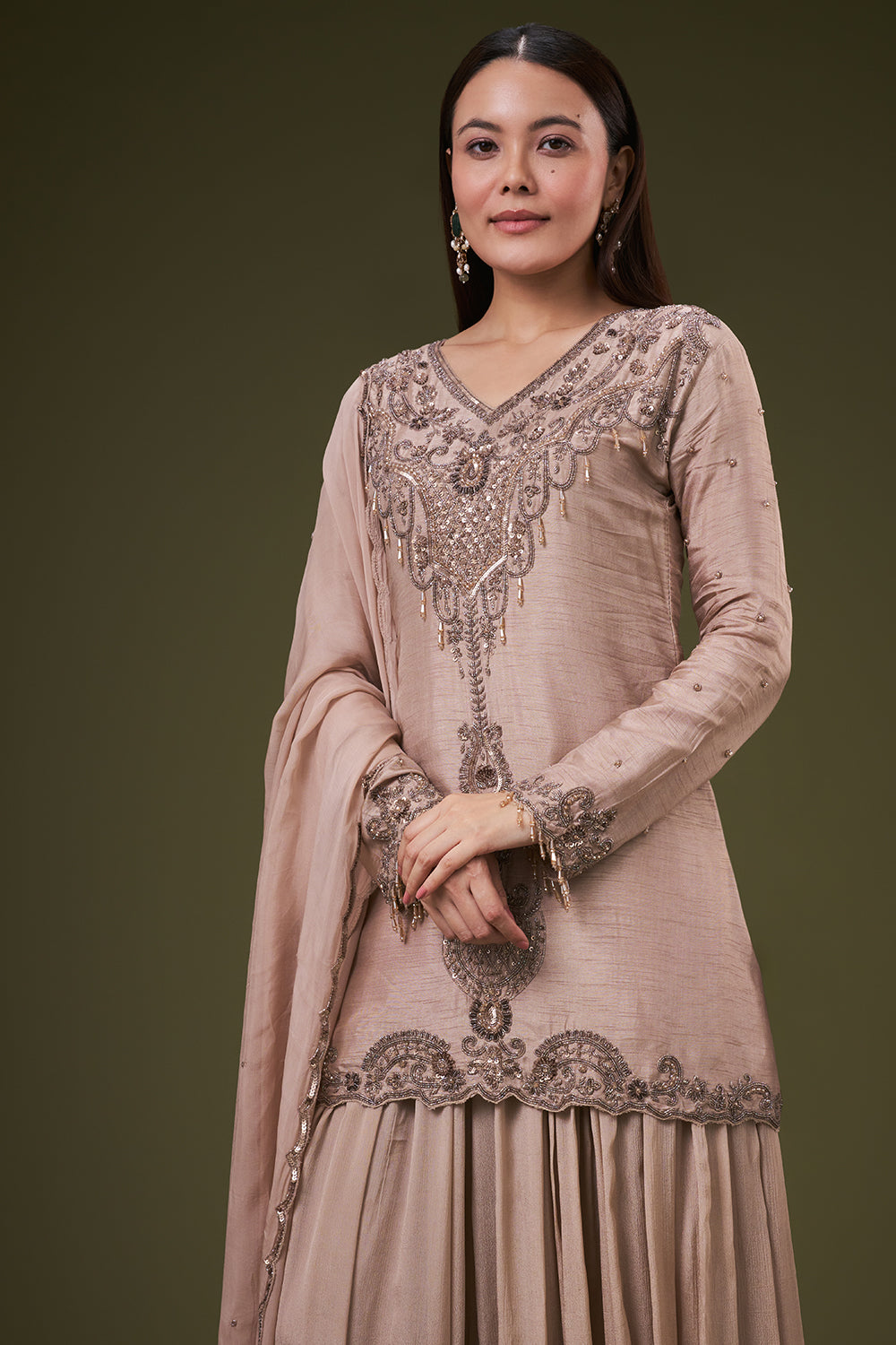 Beige Cotton Silk Palazzo Suit Sequin and Cutdana Work