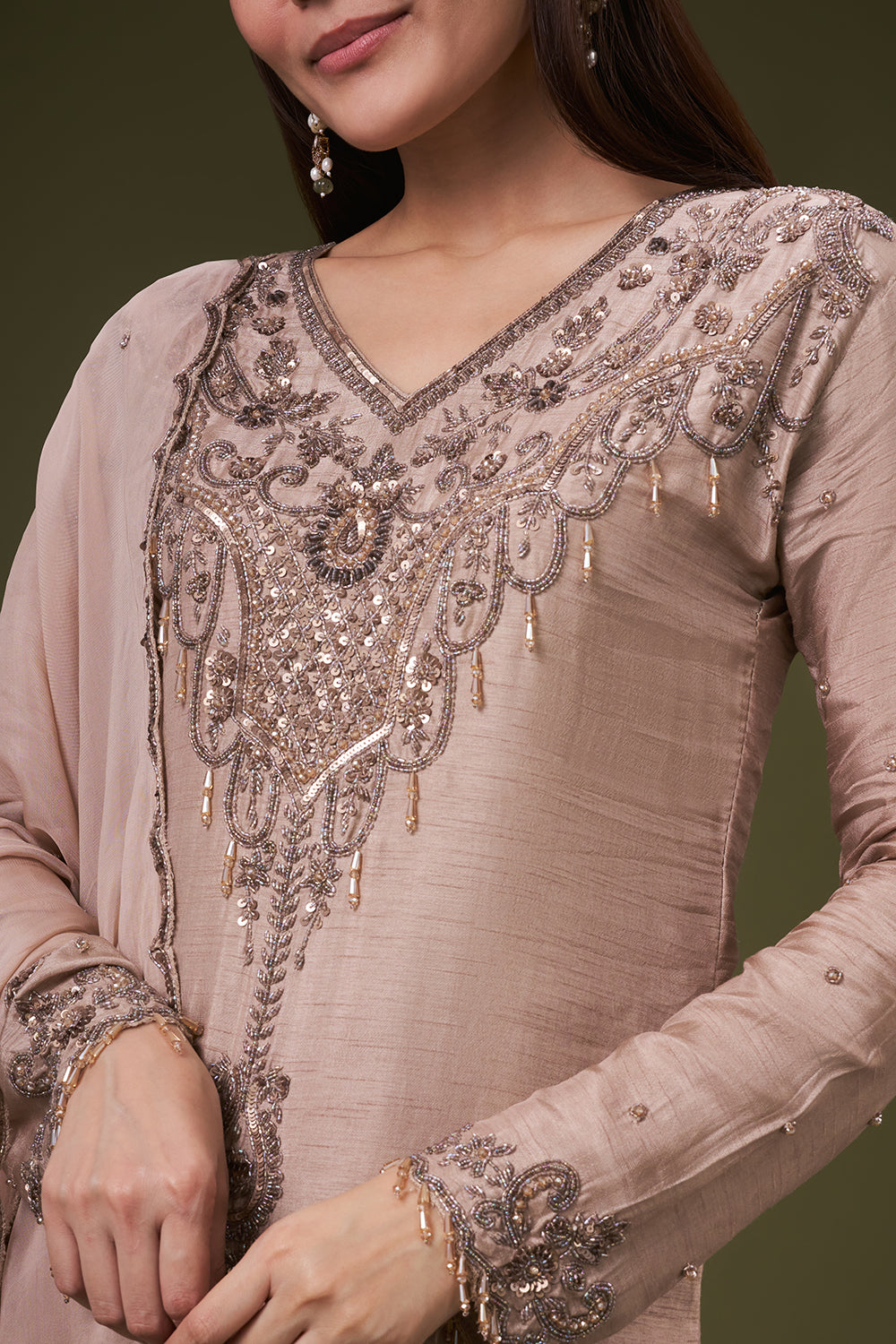 Beige Cotton Silk Palazzo Suit Sequin and Cutdana Work