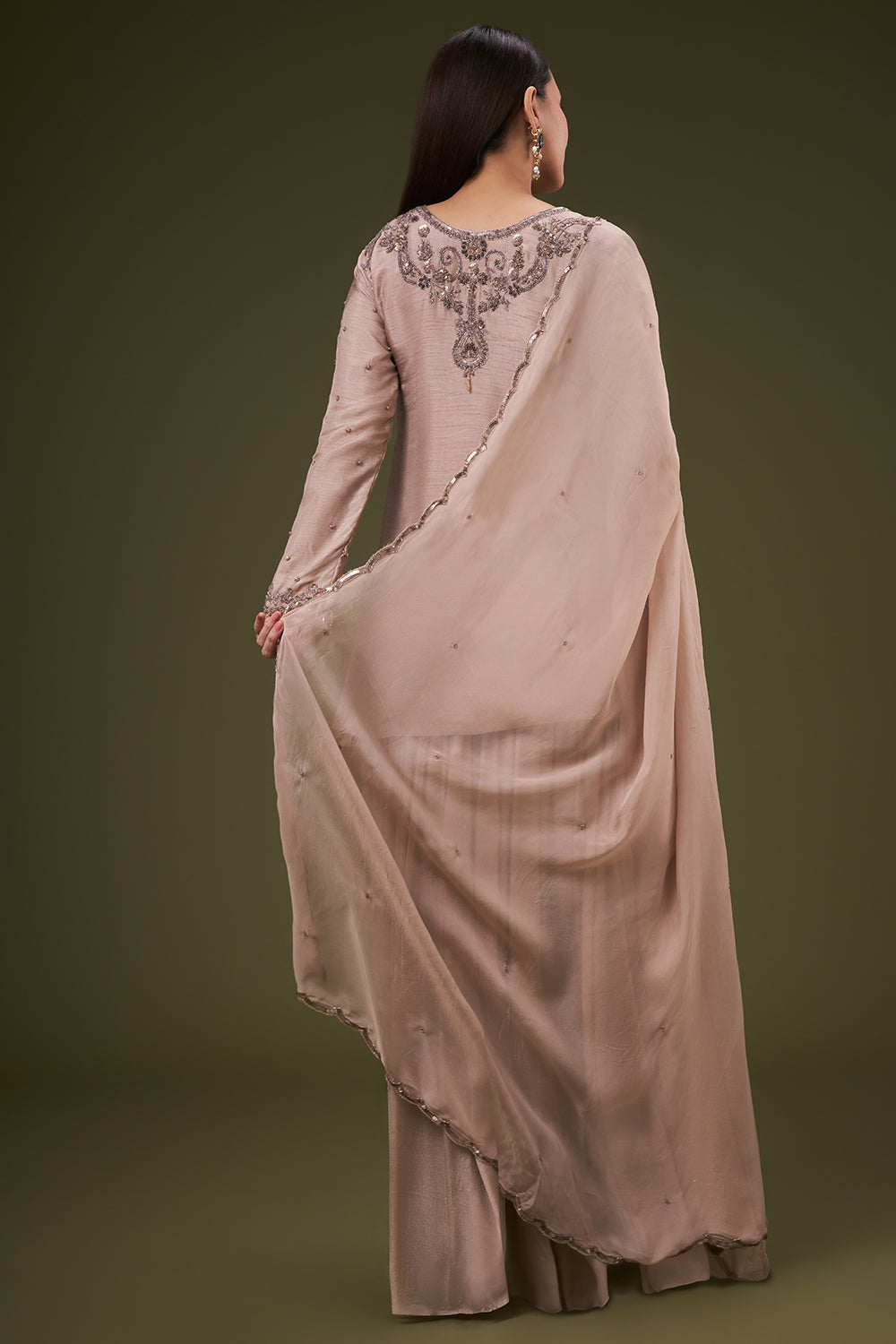 Beige Cotton Silk Palazzo Suit Sequin and Cutdana Work