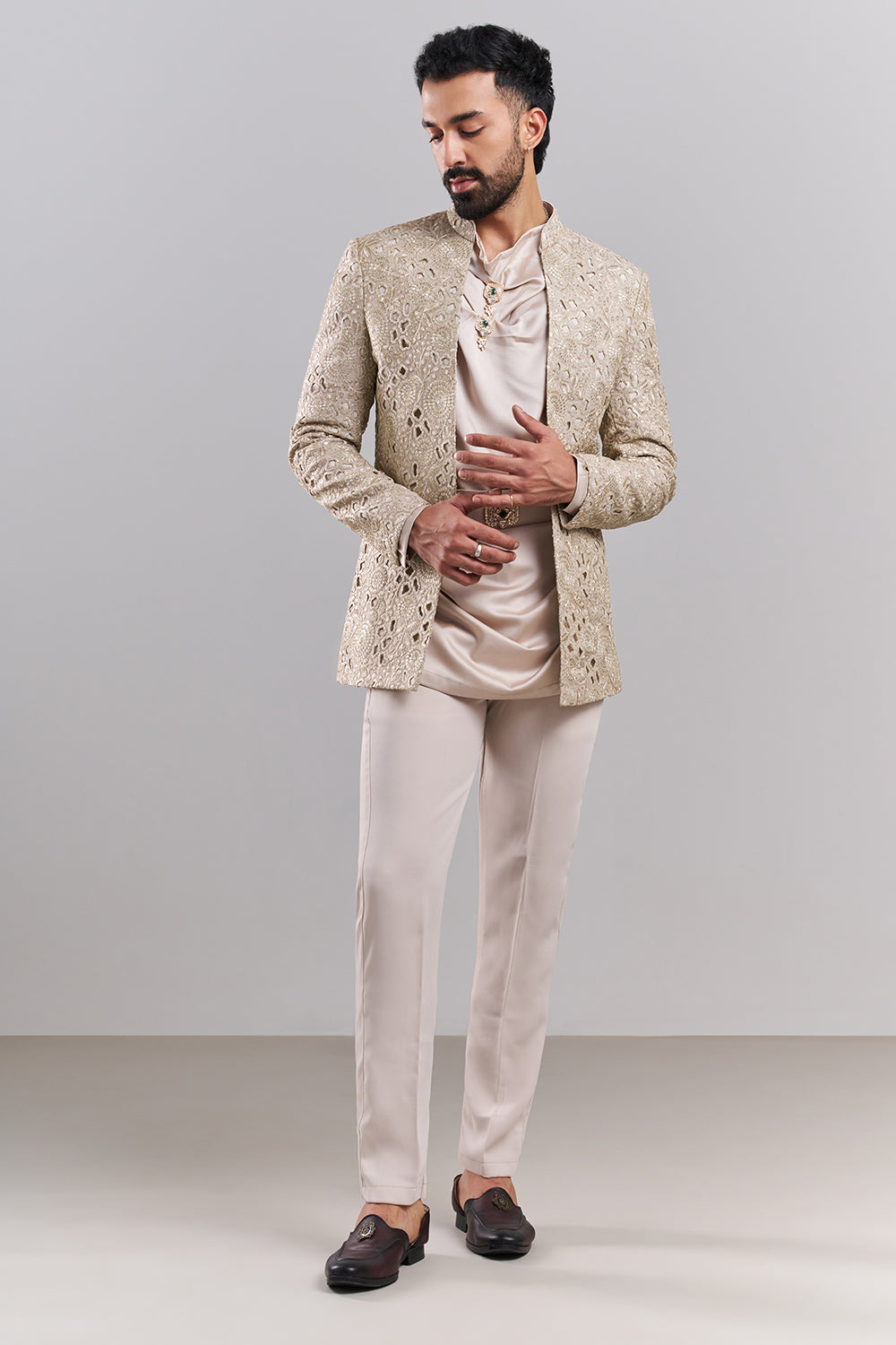 Beige Embellished Men’s Indo-Western Set