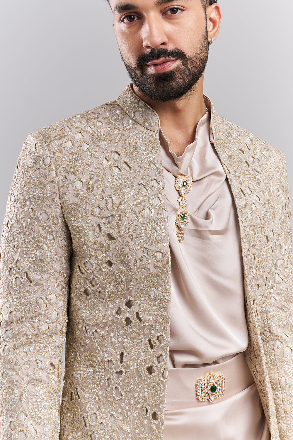 Beige Embellished Men’s Indo-Western Set