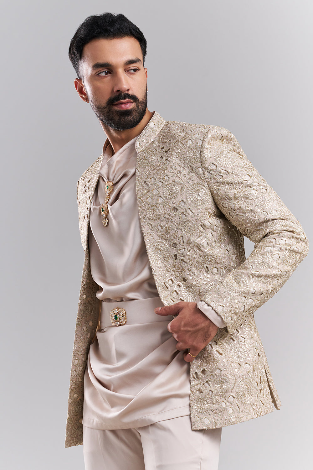 Beige Embellished Men’s Indo-Western Set