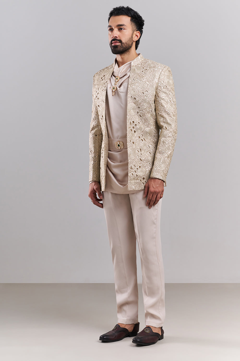 Beige Embellished Men’s Indo-Western Set