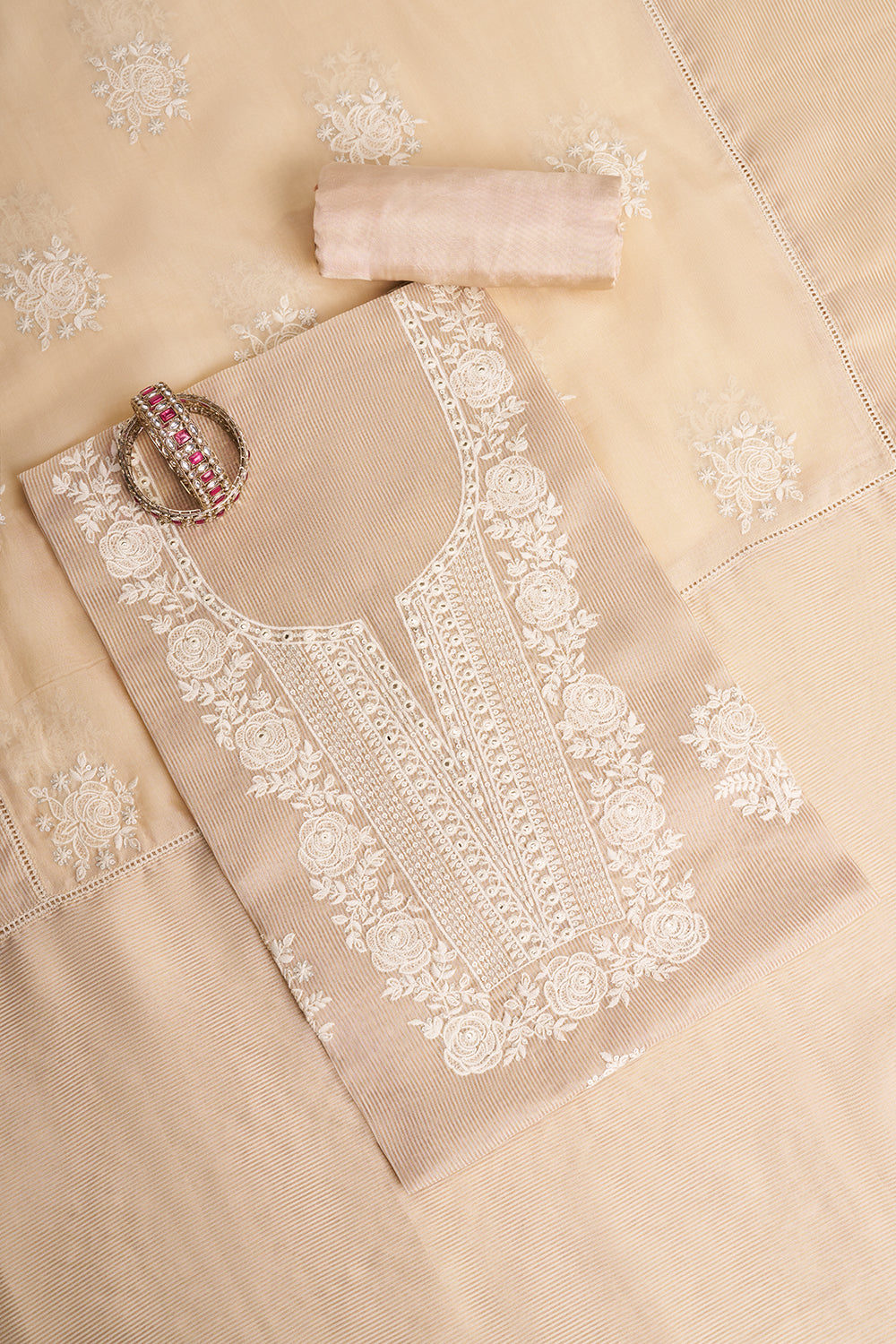 Beige Floral Embroidered Unstitched Suit Set