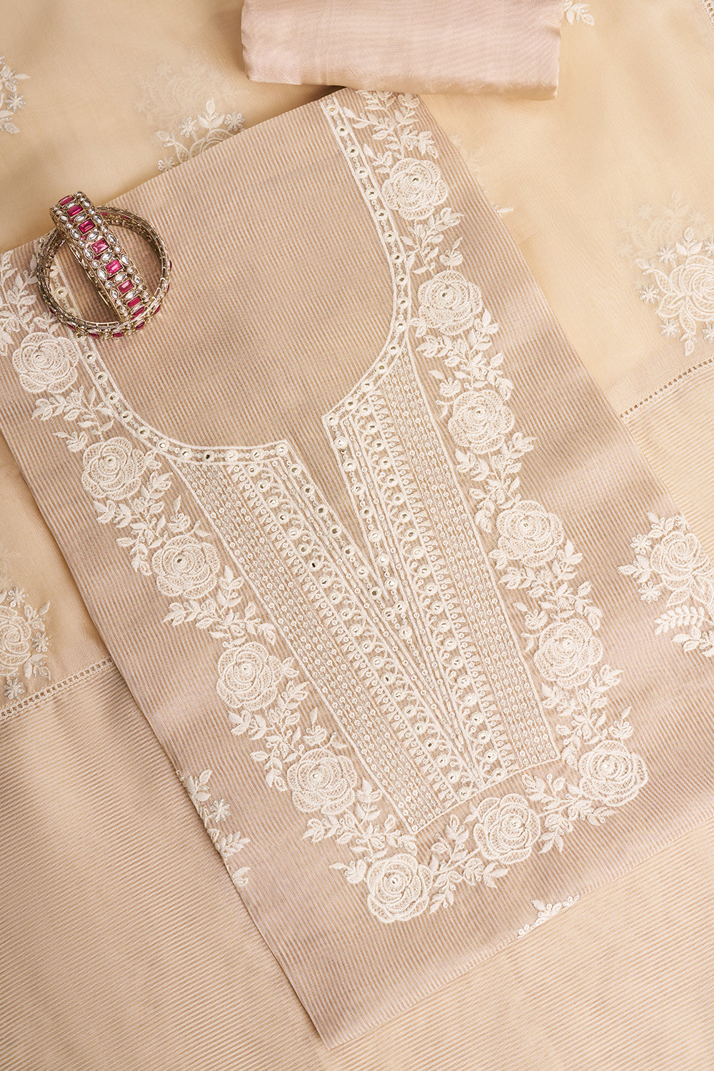 Beige Floral Embroidered Unstitched Suit Set