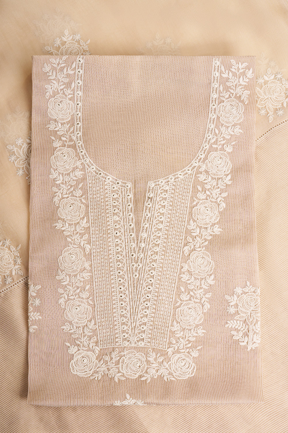 Beige Floral Embroidered Unstitched Suit Set