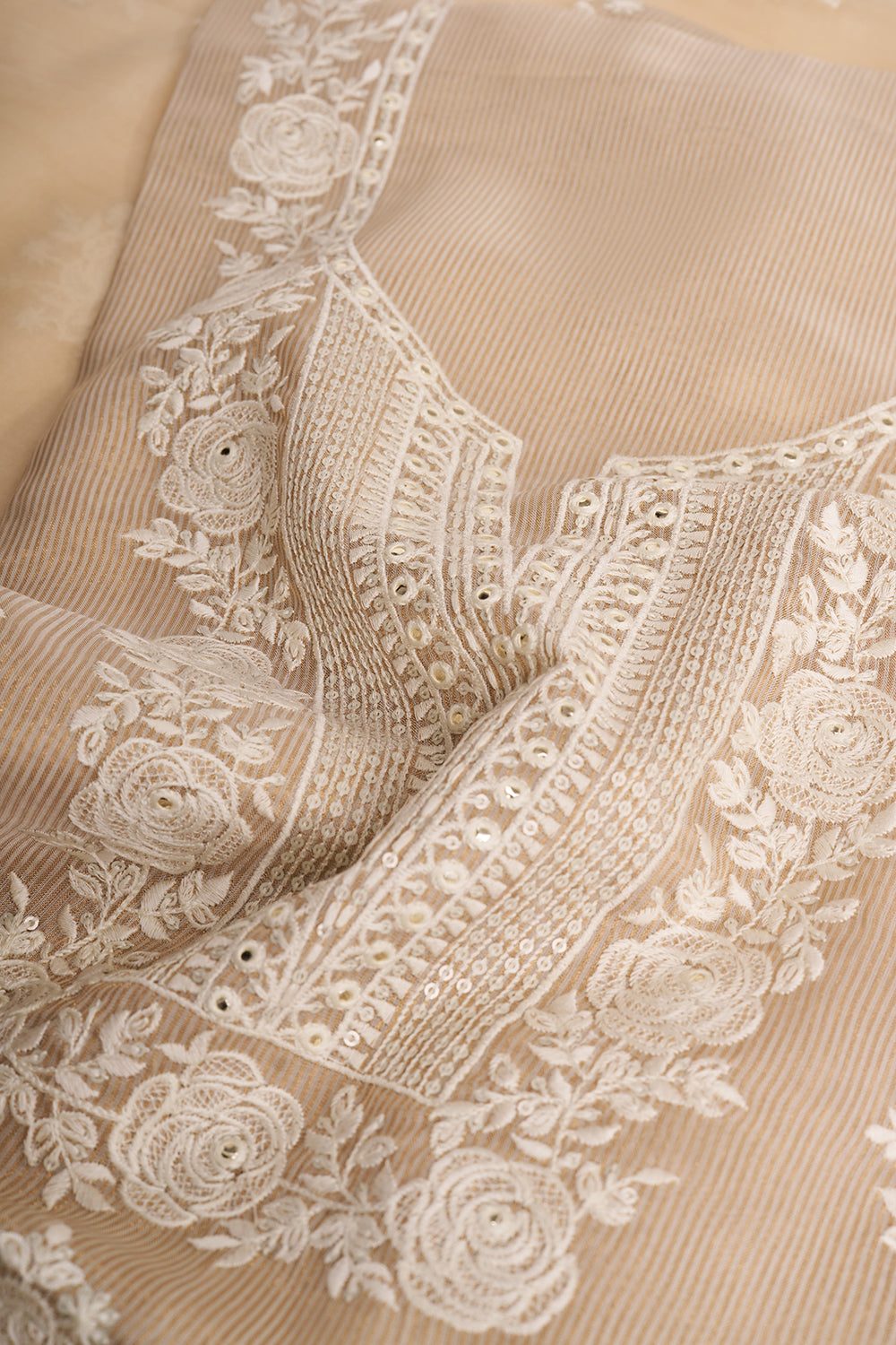 Beige Floral Embroidered Unstitched Suit Set