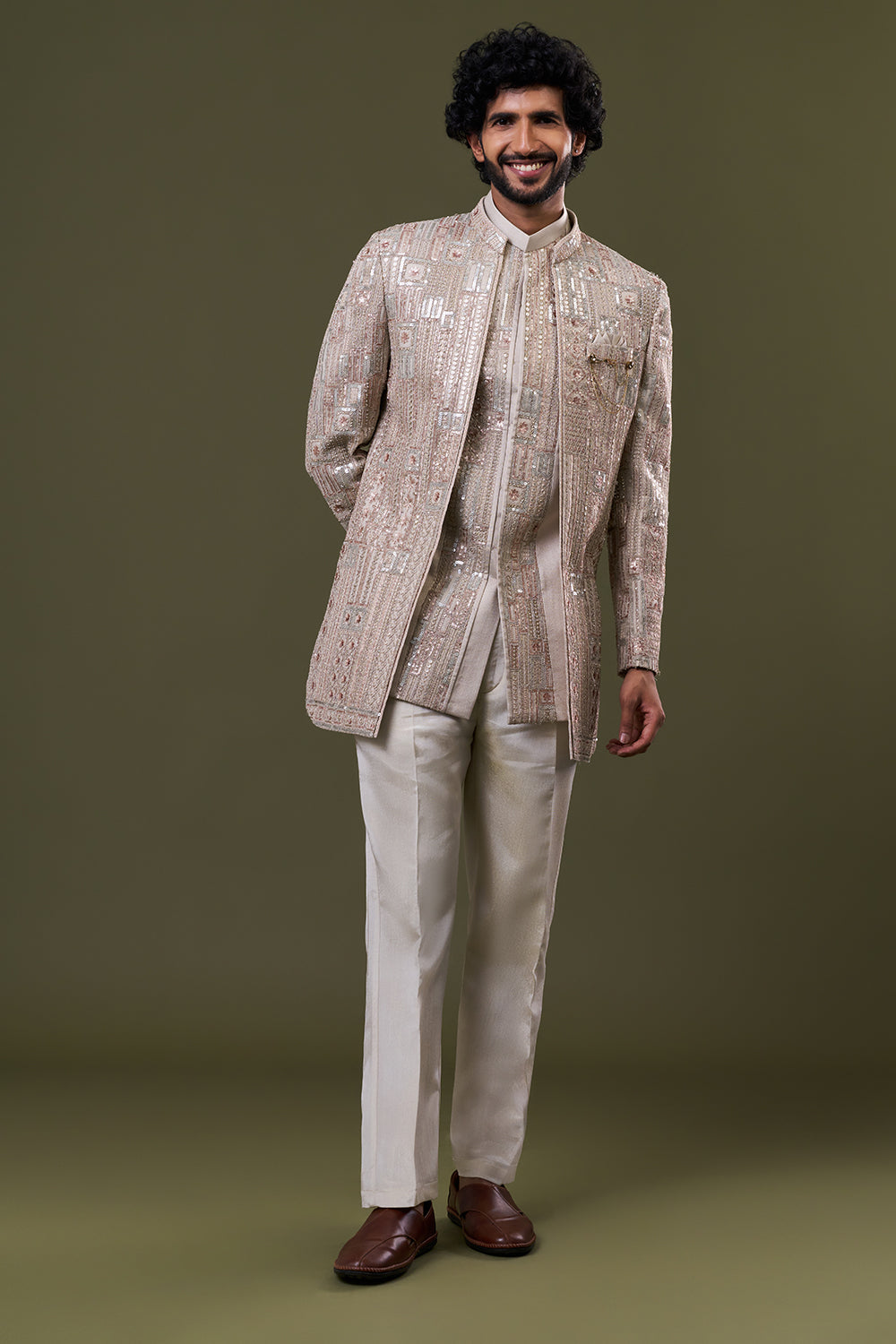 Beige Geometric Foil Silk Embellished Jacket Set