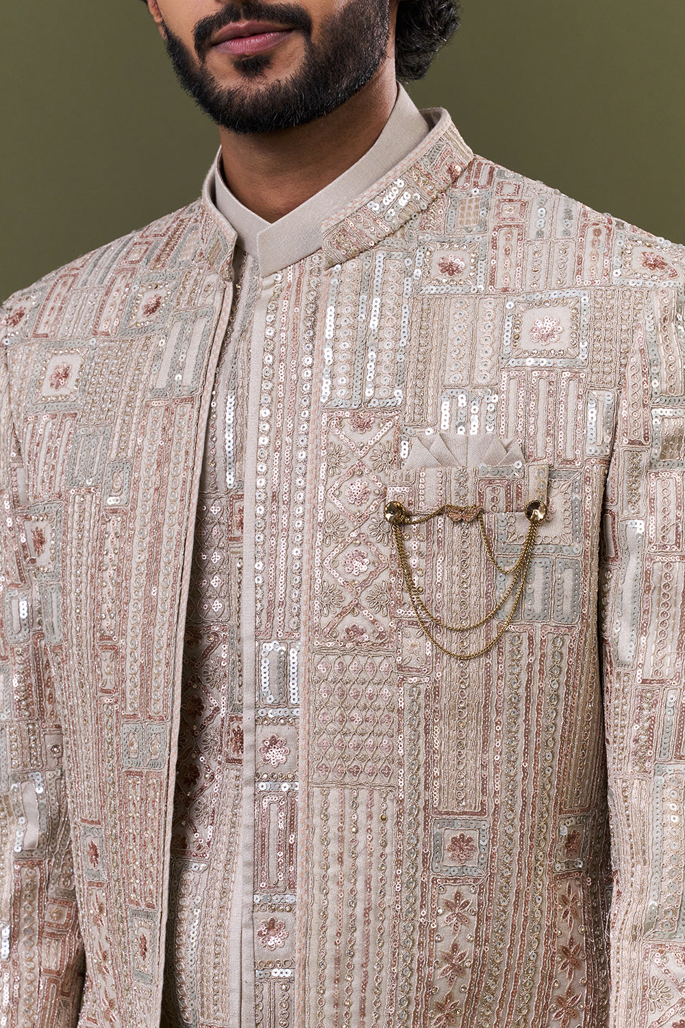 Beige Geometric Foil Silk Embellished Jacket Set
