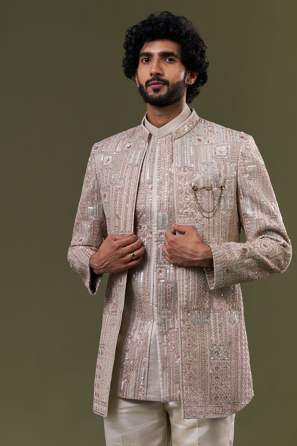 Beige Geometric Foil Silk Embellished Jacket Set
