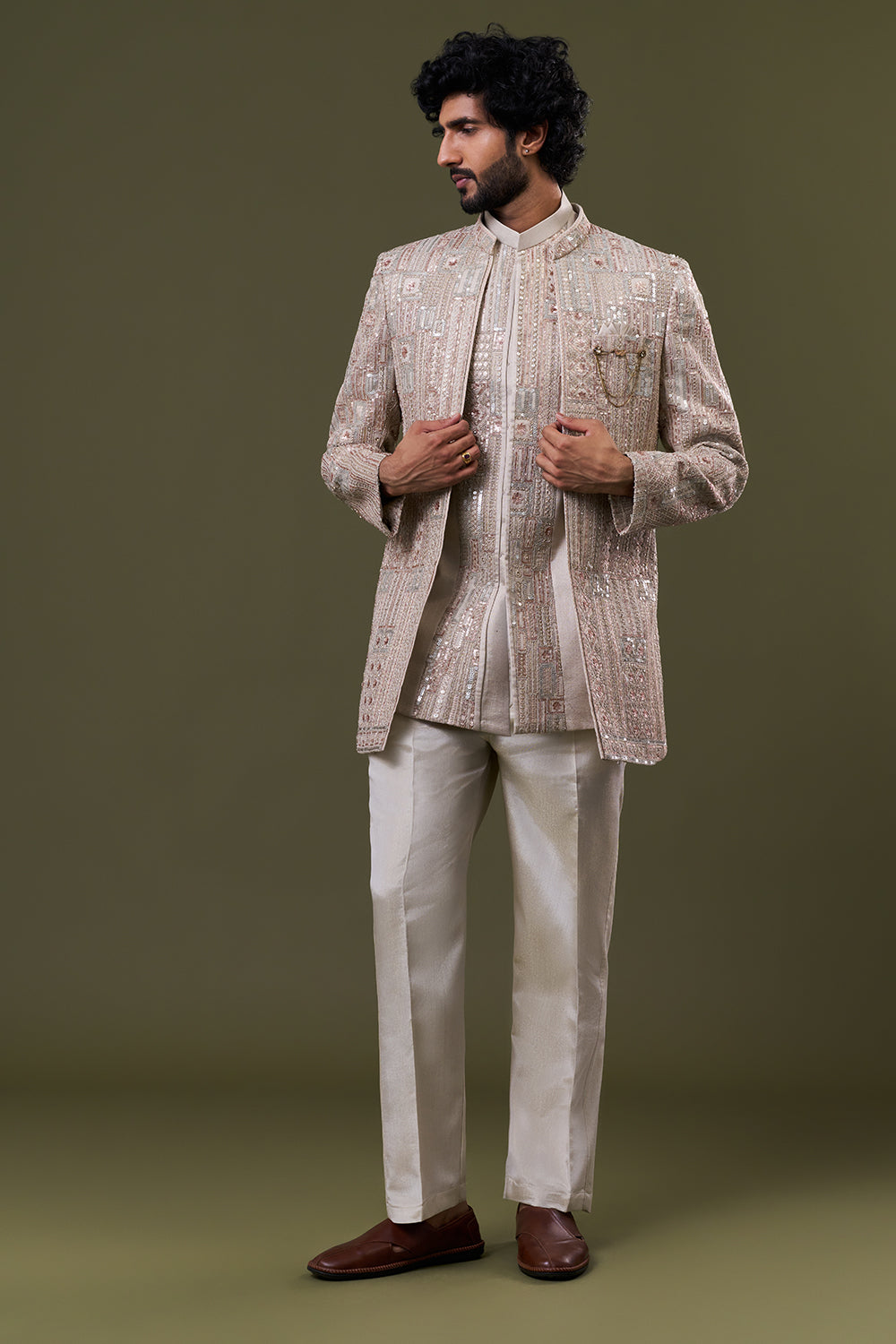 Beige Geometric Foil Silk Embellished Jacket Set