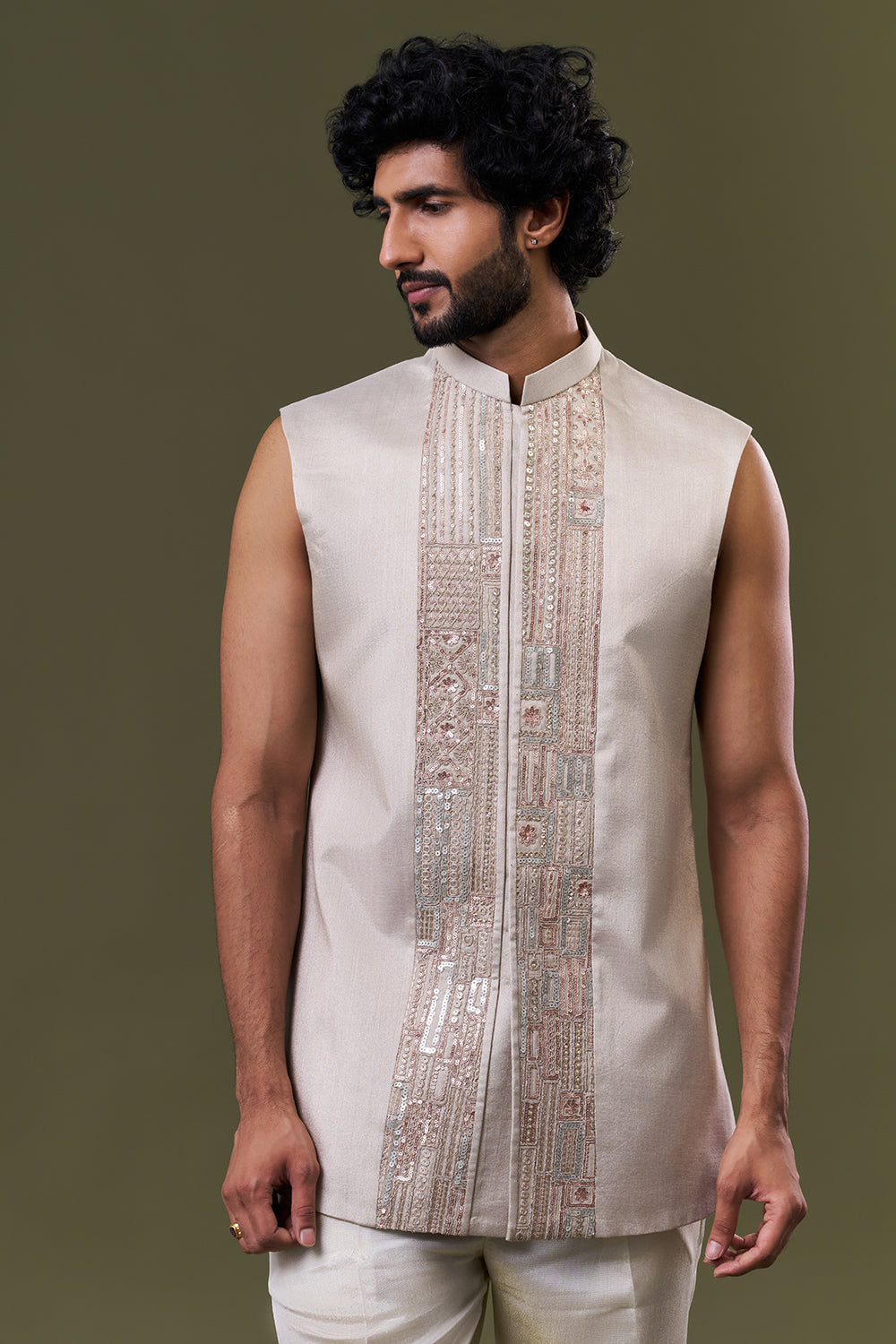 Beige Geometric Foil Silk Embellished Jacket Set