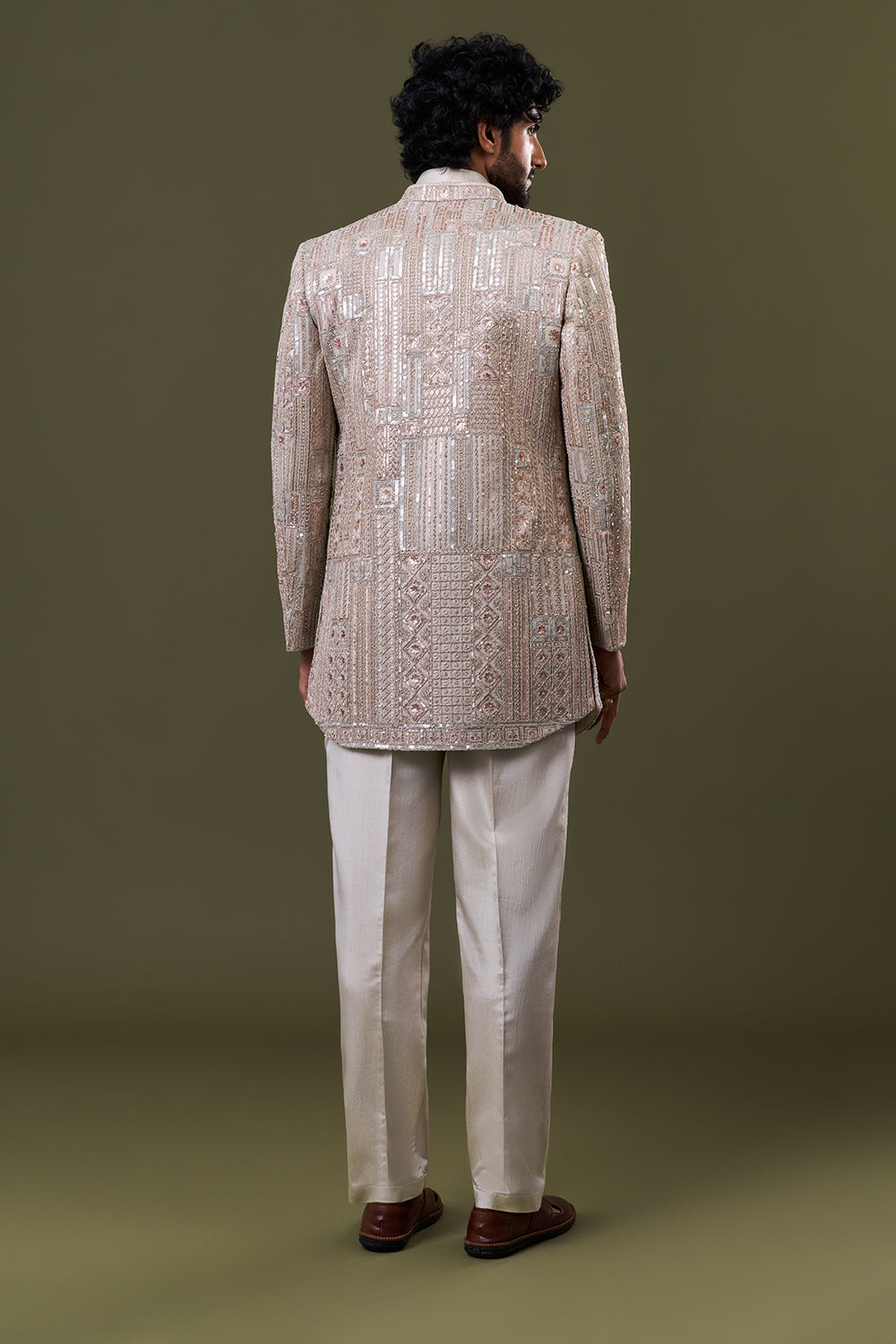 Beige Geometric Foil Silk Embellished Jacket Set