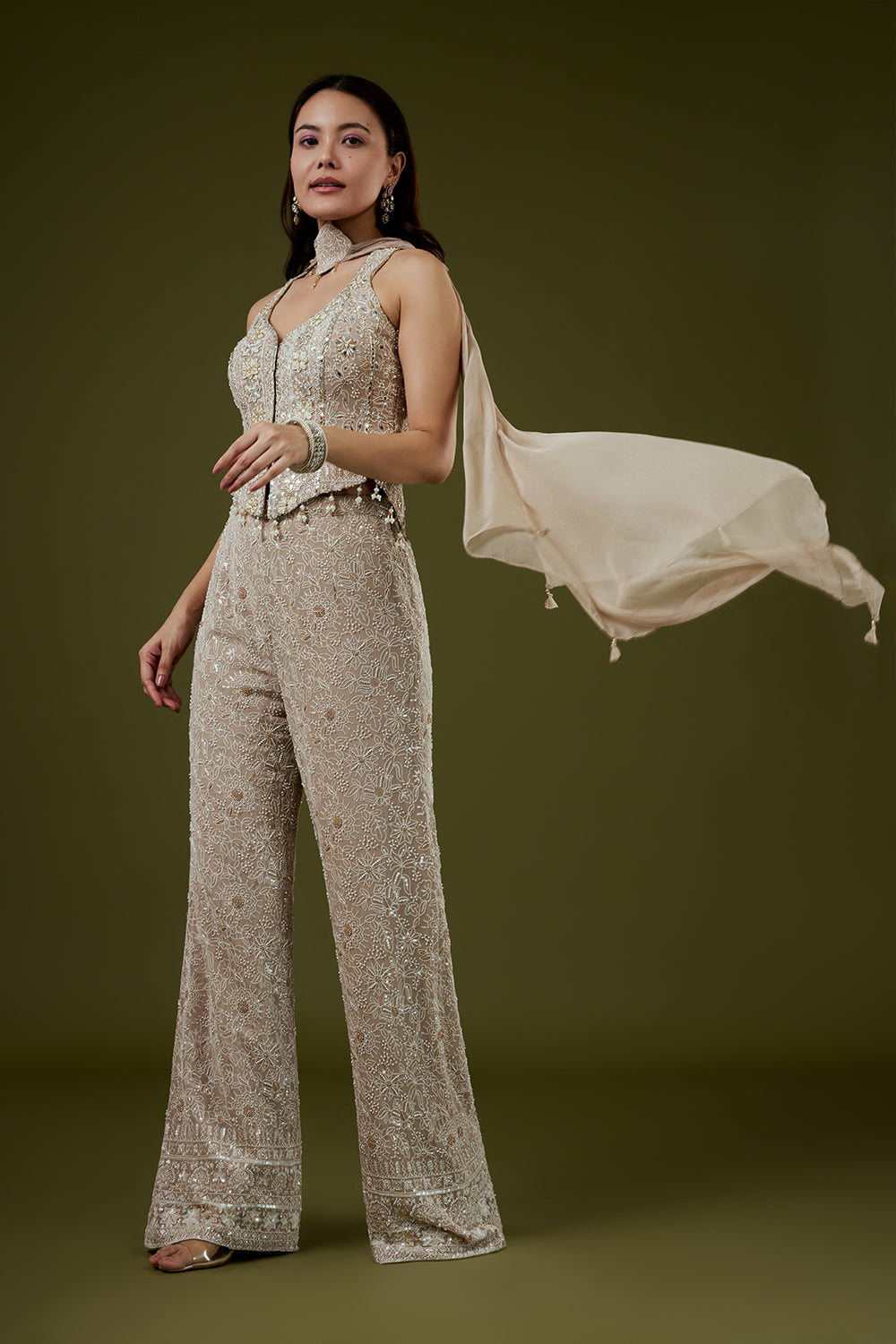 Beige Georgette Lucknowi Palazzo Set with Mirror Work