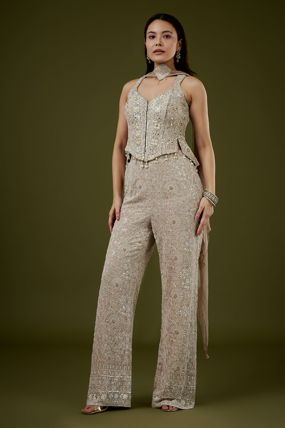 Beige Georgette Lucknowi Palazzo Set with Mirror Work