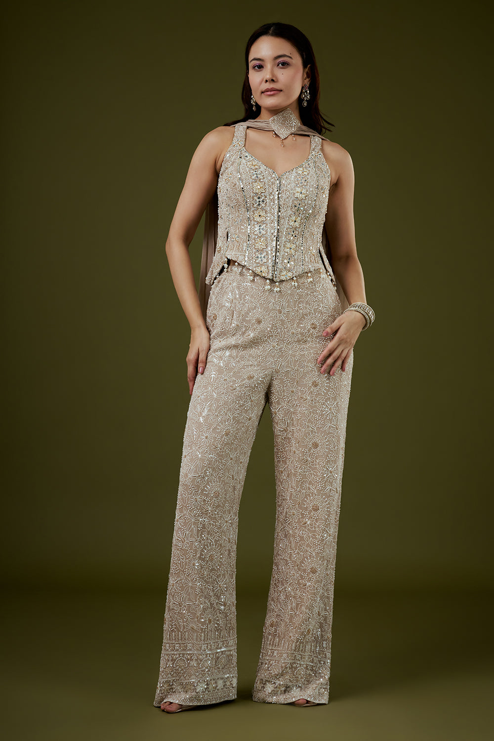 Beige Georgette Lucknowi Palazzo Set with Mirror Work