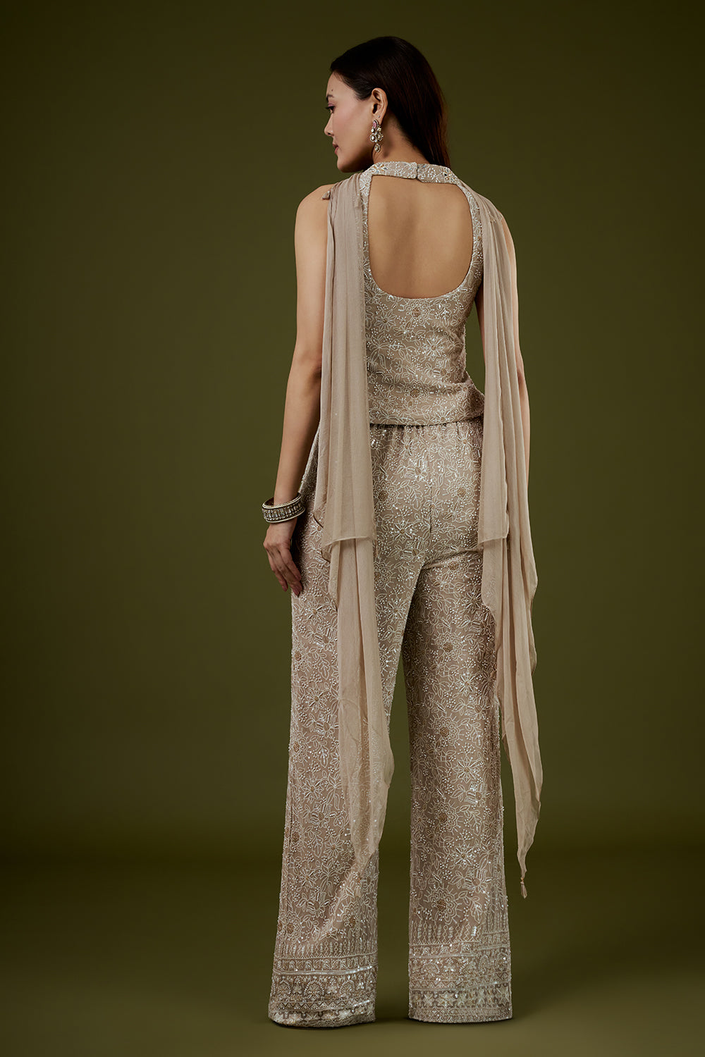 Beige Georgette Lucknowi Palazzo Set with Mirror Work