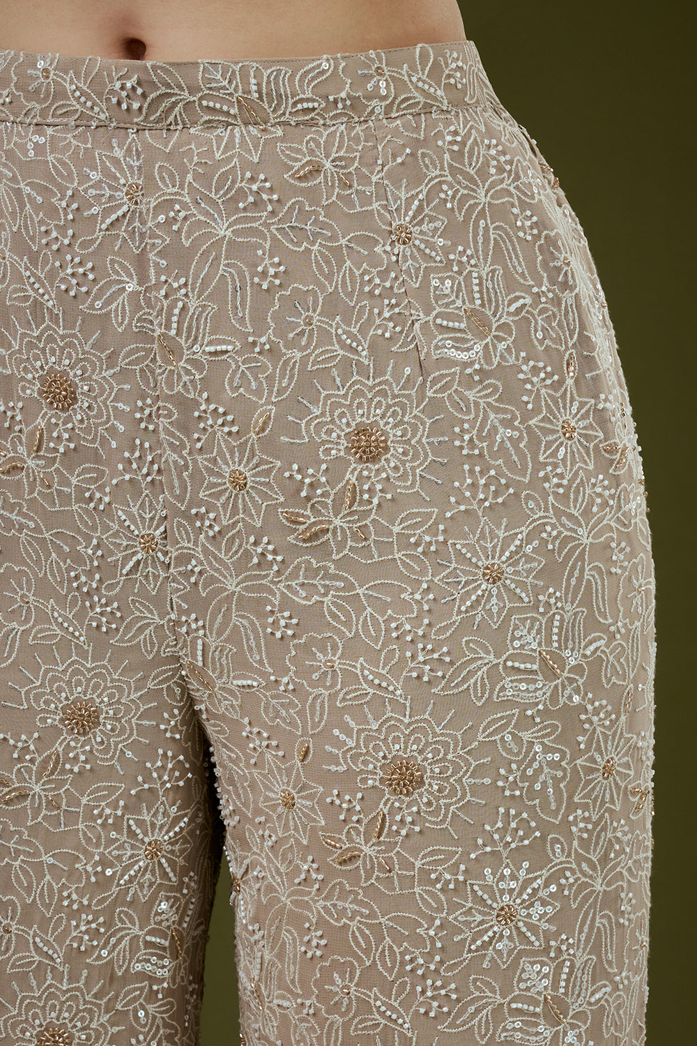 Beige Georgette Lucknowi Palazzo Set with Mirror Work