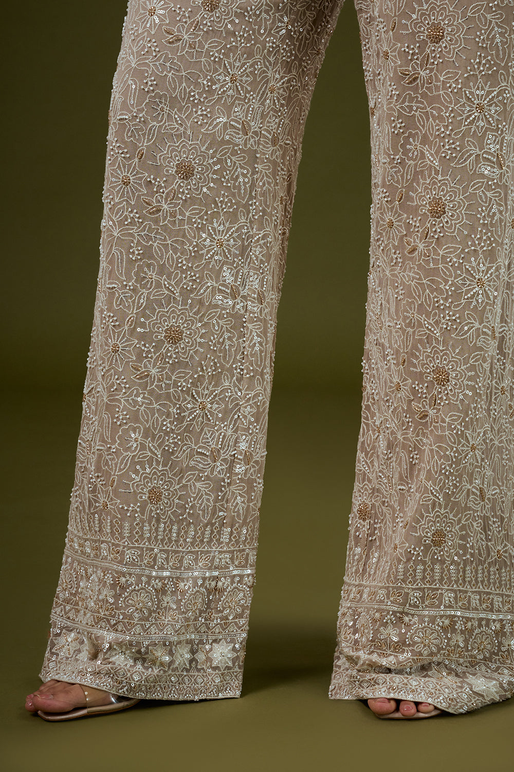 Beige Georgette Lucknowi Palazzo Set with Mirror Work